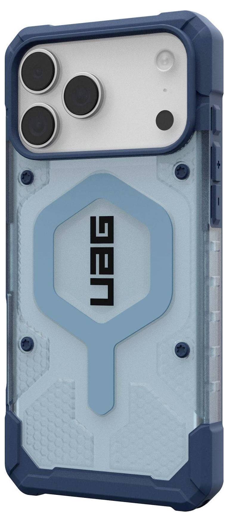 Ein Smartphone in einem blauen Schutzgehäuse der Marke 'UAG' mit großen Kameraausschnitten auf der Rückseite.