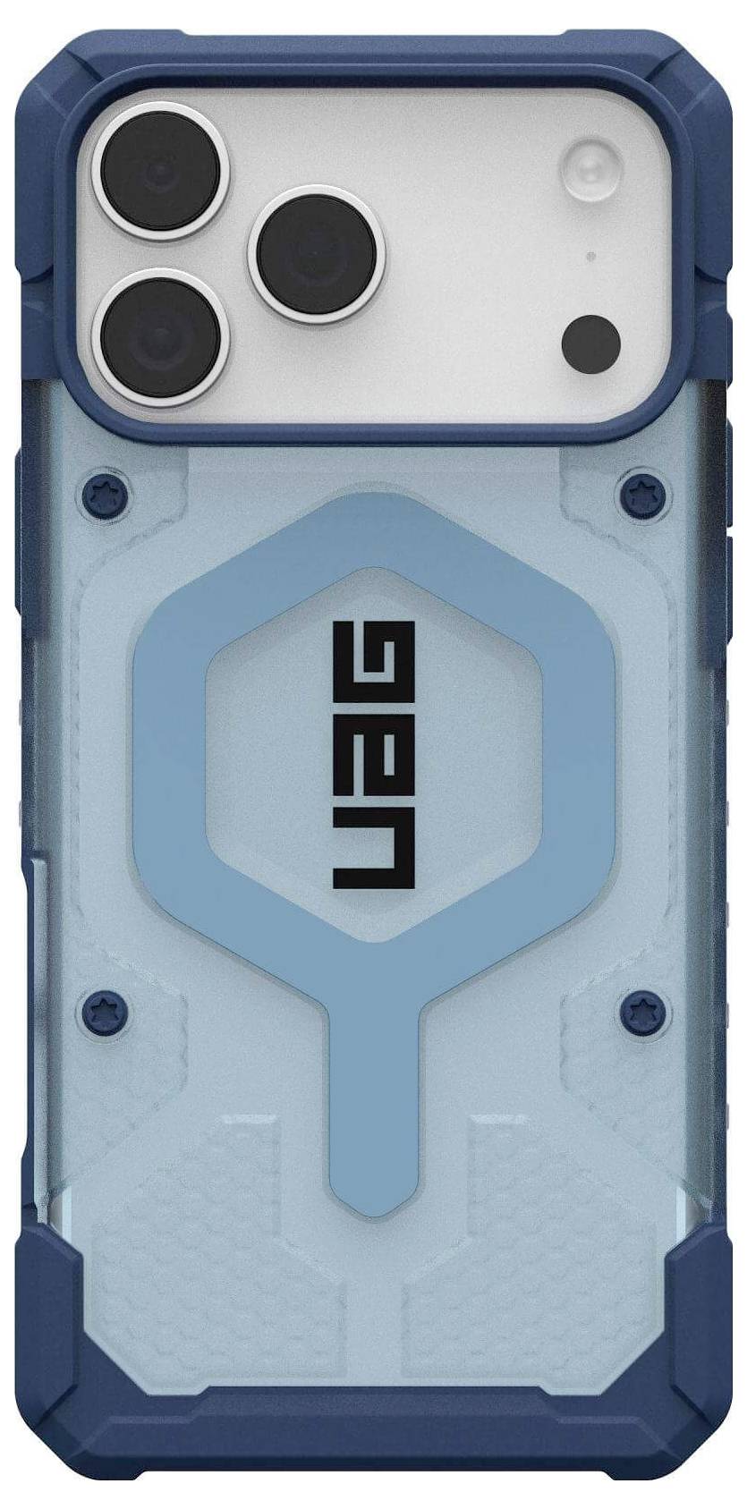 Eine blaue und durchsichtige UAG Handyhülle zeichnet sich durch ein robustes Design mit verstärkten Ecken und einem Sechseckenmuster aus, das auf der Rückseite eines Telefons zu sehen ist.