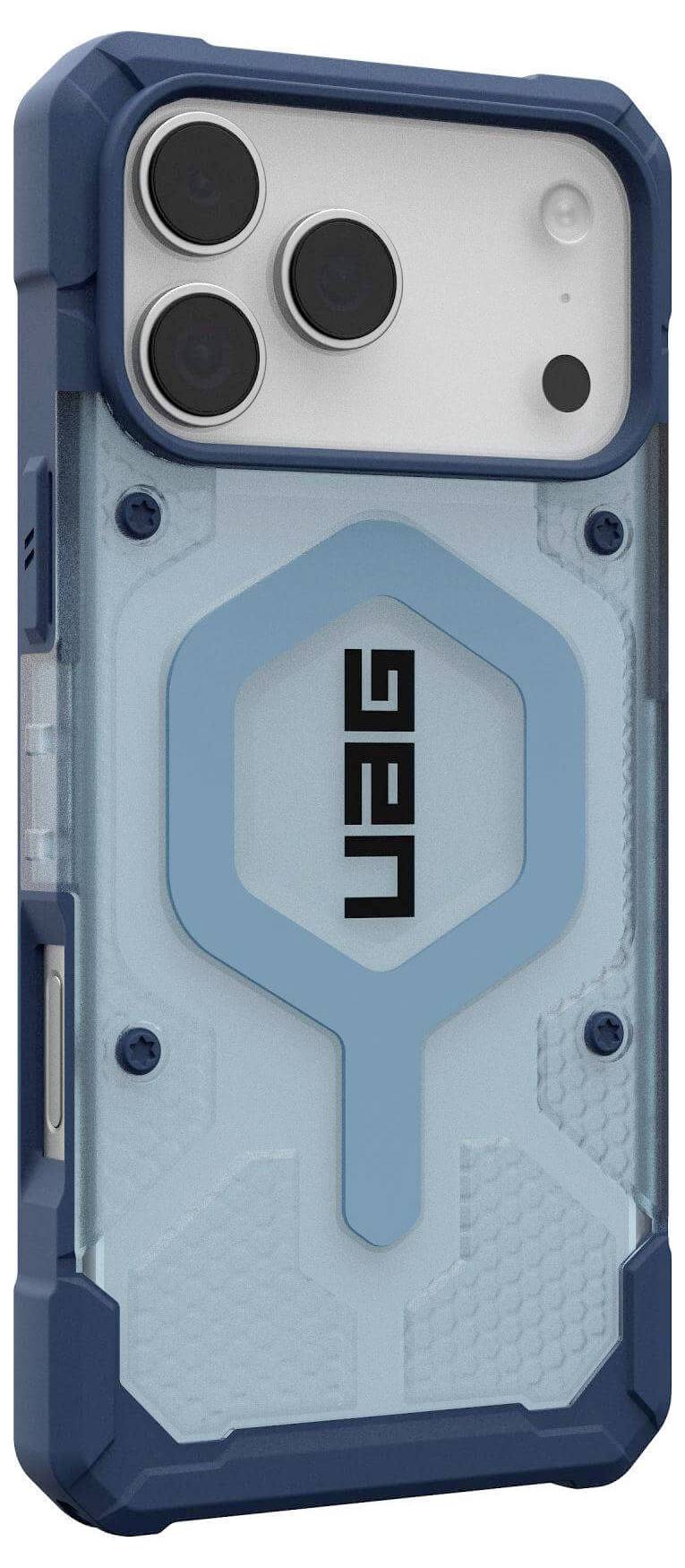 Ein blau-transparenter Smartphone-Gehäuse mit robustem Design und dem 'UAG'-Logo auf der Rückseite, mit Aussparungen für drei Kameraobjektive.