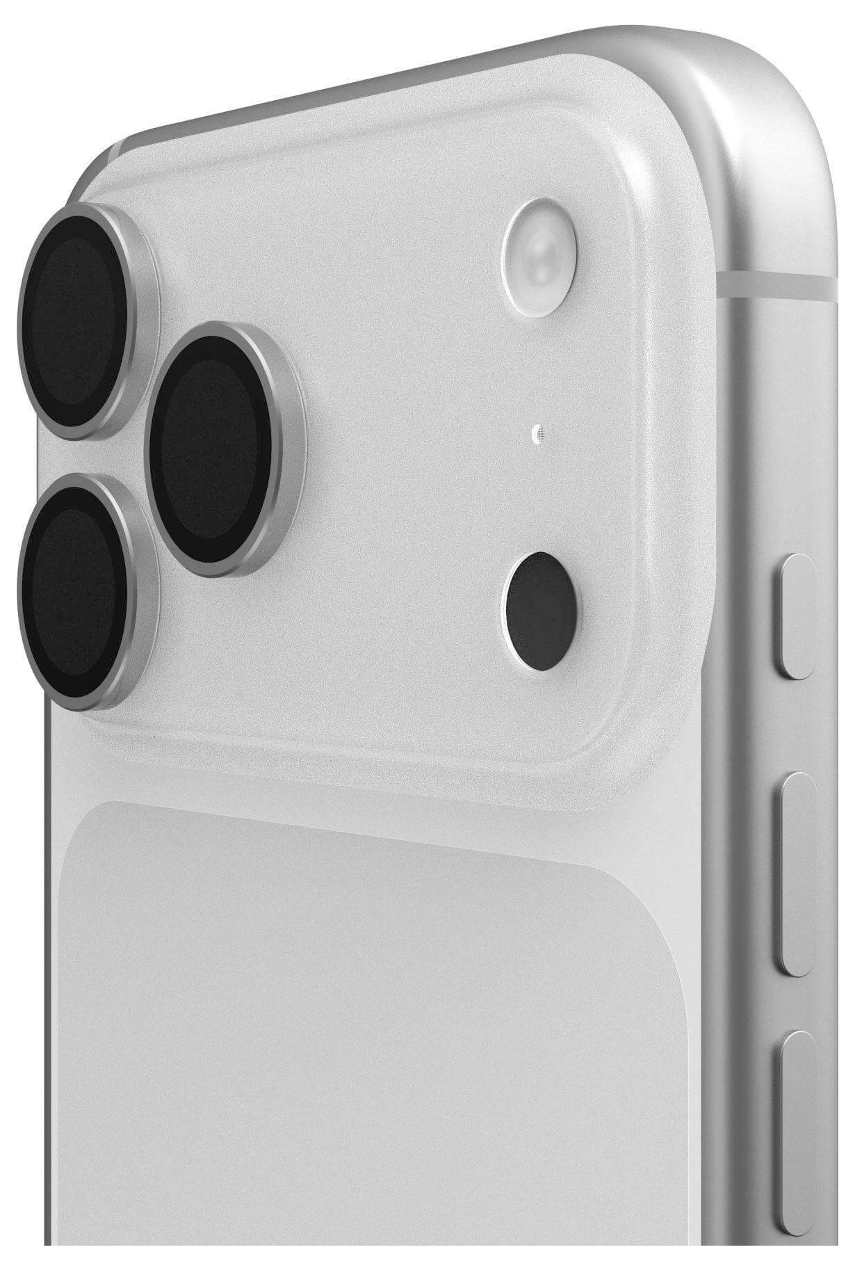 Nahaufnahme eines Telefons mit drei Rückkameras und einem Blitz in der oberen linken Ecke, mit abgerundeten Kanten und Lautstärketasten an der Seite.