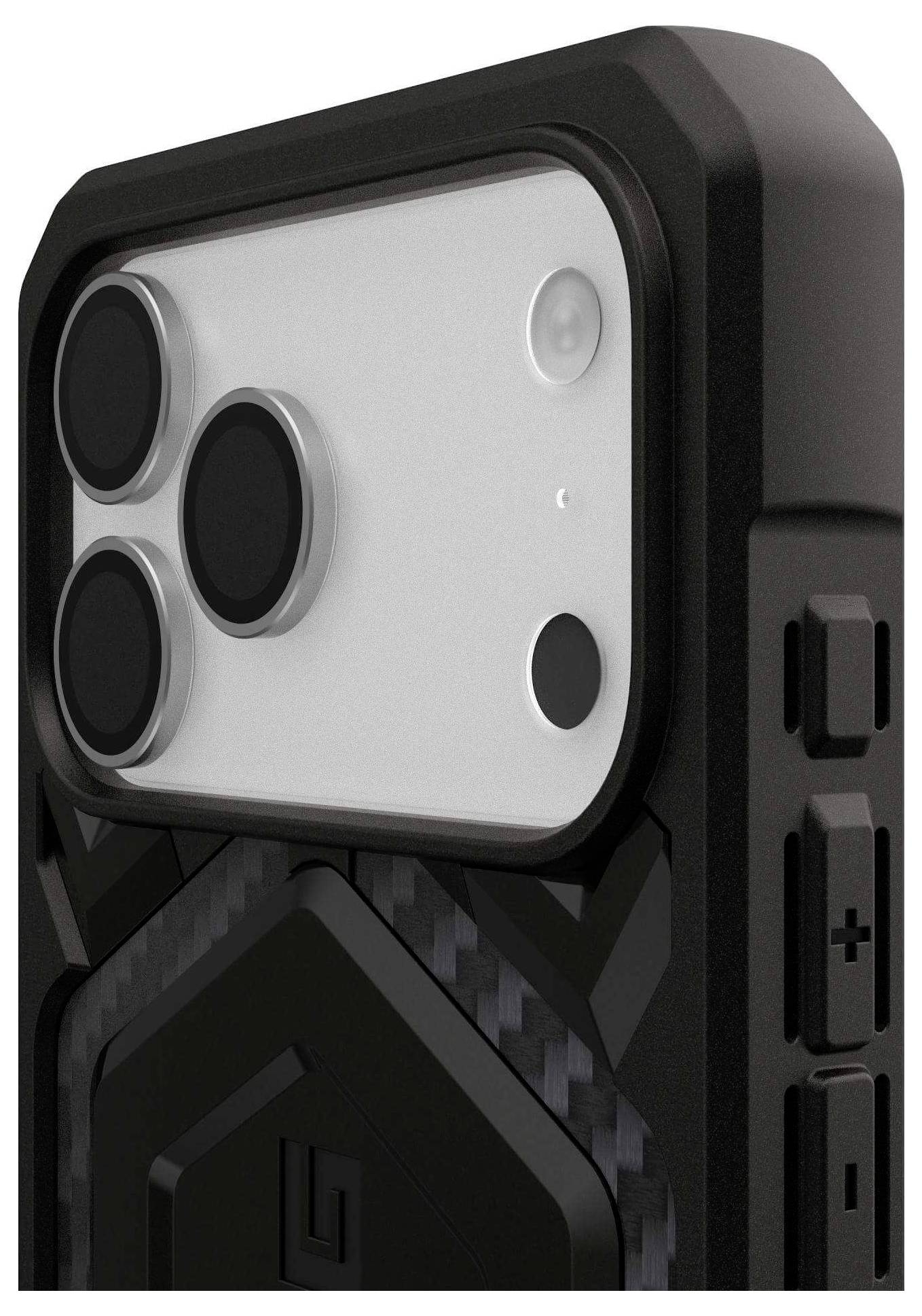Eine Smartphone-Kameraeinheit in einem robusten schwarzen Gehäuse mit drei Linsen und einem Blitz, mit seitlichen Bedienungstasten.