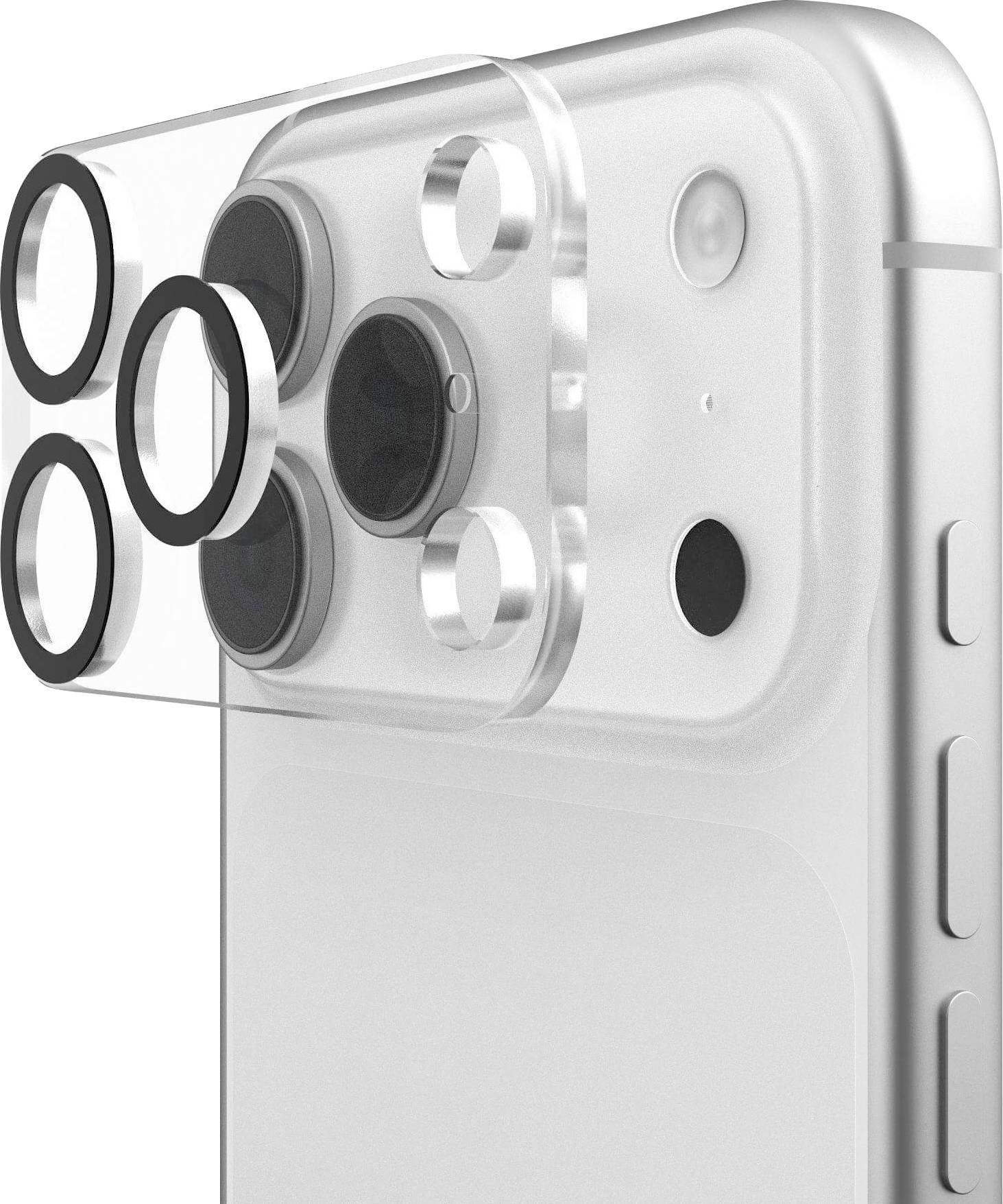 Ein transparenter Kameraobjektivschutz bedeckt teilweise die Rückkamera und den Blitz eines Smartphones mit silbernem Rand und zeigt mehrere Ausschnitte.