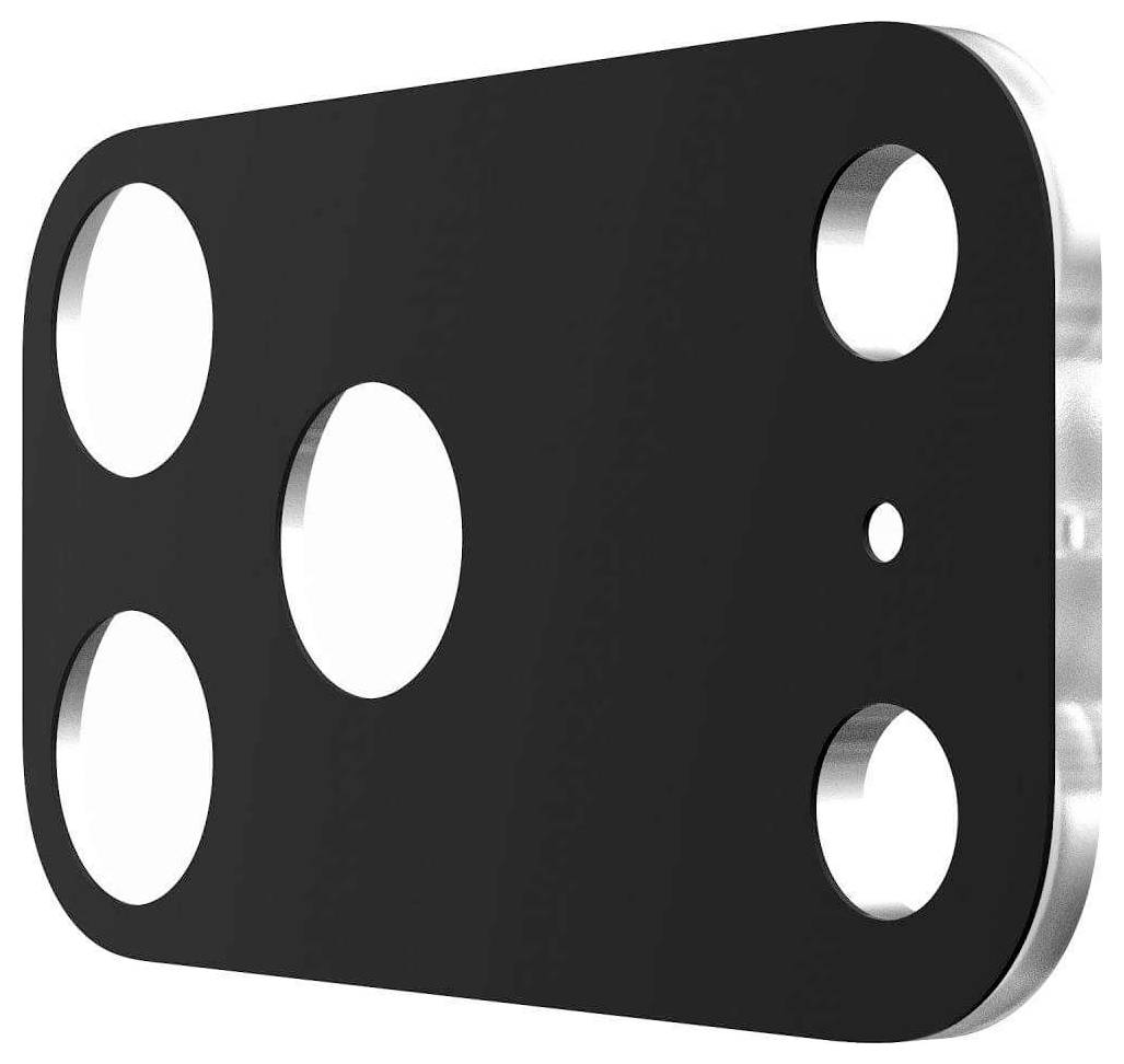 Eine schwarze Kameraobjektivabdeckung mit fünf kreisförmigen Öffnungen in verschiedenen Größen, entwickelt für ein Smartphone mit silbernem Rand an der Seite.