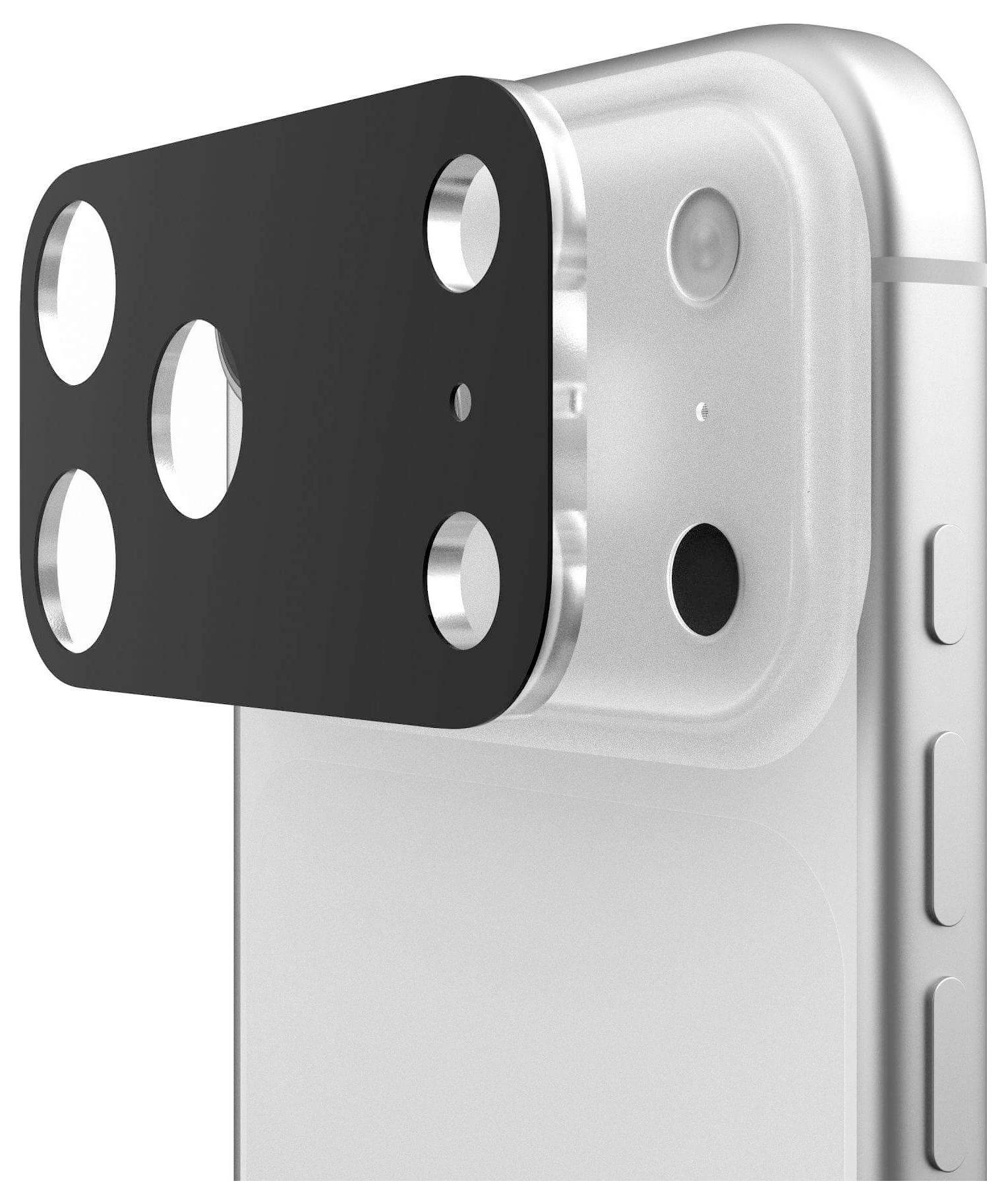 Eine transparente Handyhülle mit einer schwarzen Objektivabdeckung, die über den Kamerabereich passt und mehrere Aussparungen für die Linsen und den Blitz aufweist.