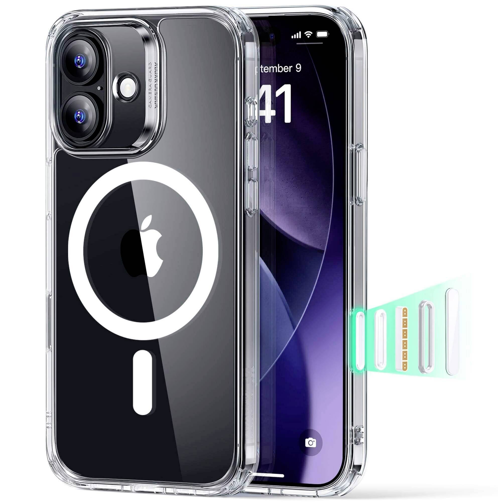 Eine transparente Handyhülle mit MagSafe-Technologie, die an einem iPhone befestigt ist, auf dessen Bildschirm die Zeit '9:41' und das Datum '9. September' angezeigt werden.