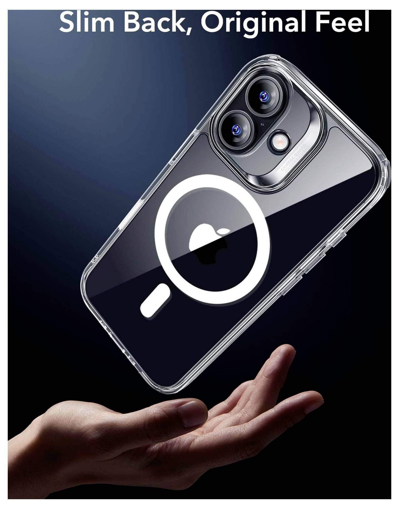 Ein durchsichtiger Handyhülle mit MagSafe-Kompatibilität, schwebend über einer offenen Hand. Text oben liest sich: Schlank im Rücken, ursprüngliches Gefühl.