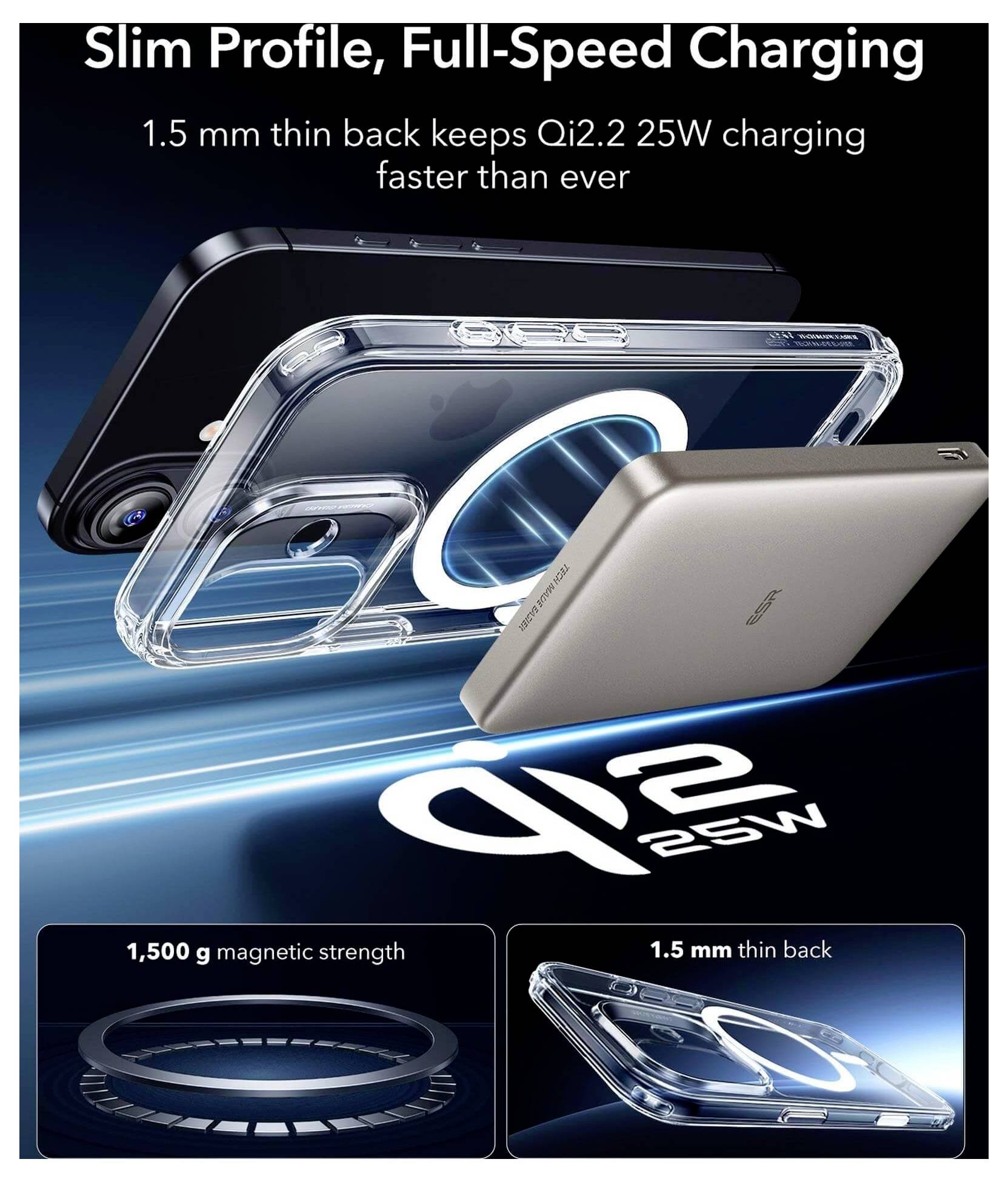 Qi2.2 25W Wireless Charging mit schlankem 1,5 mm Rücken für schnelles, vollspeedniges Laden. Mit 1.500g magnetischer Stärke und Gehäusekompatibilität.