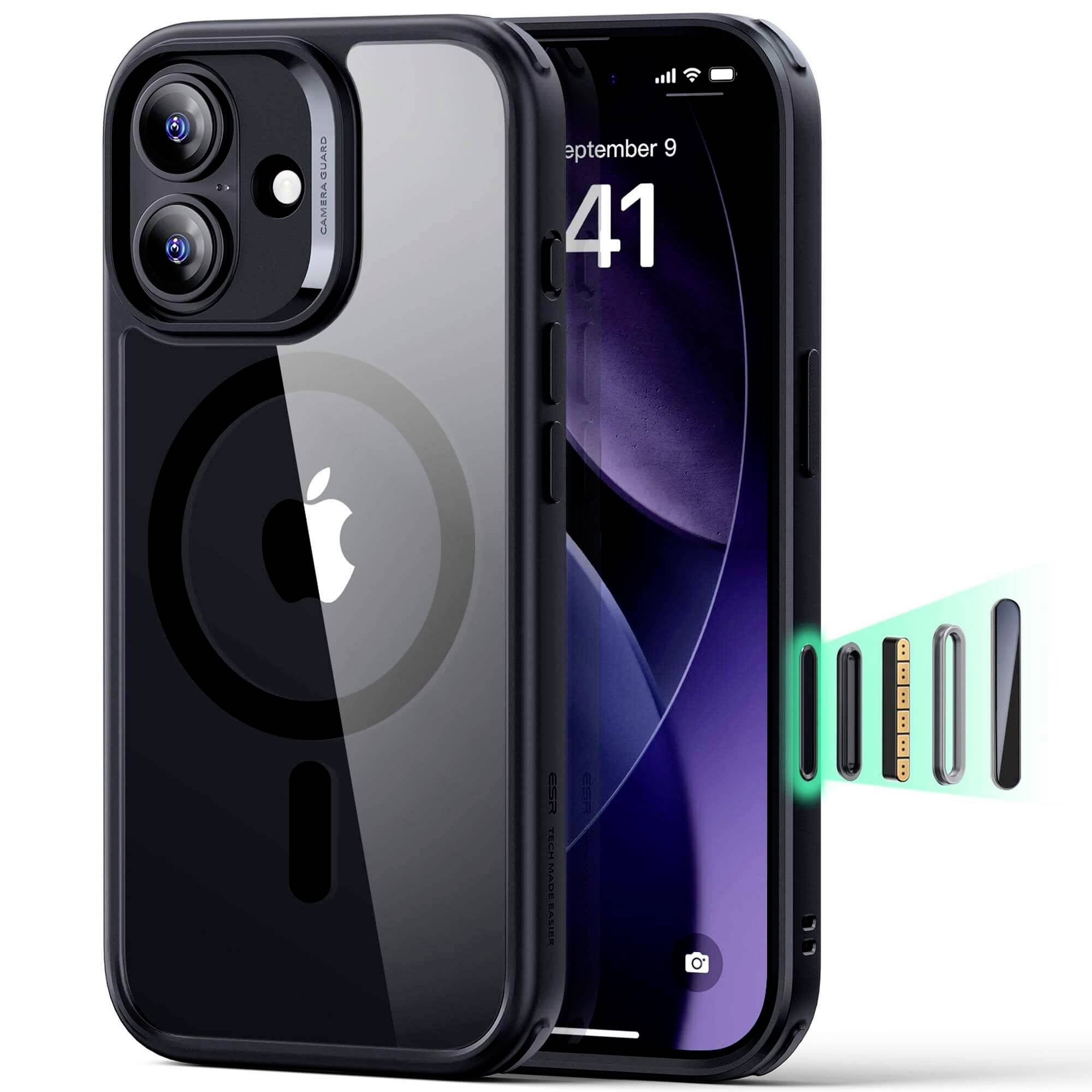 Ein Smartphone mit einer dunklen, halbtransparenten Hülle, die MagSafe-Kompatibilität zeigt. Das Telefon zeigt die Uhrzeit '12:41' und das Datum 'September 9'.