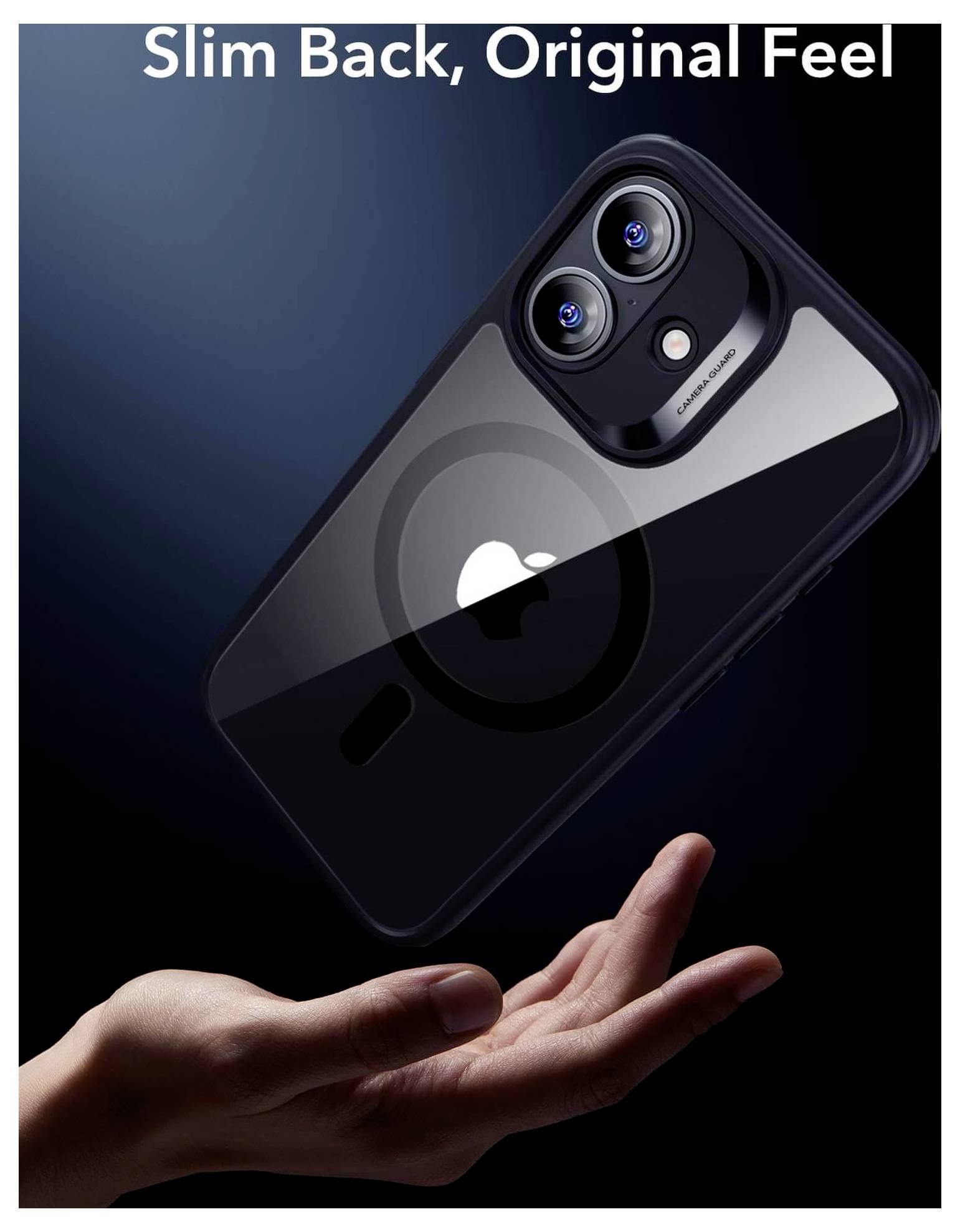 Eine Hand hält ein schlankes, schwarzes Smartphone mit Dual-Kameras, das das Licht reflektiert. Der Text darüber liest sich: „Schlanker Rücken, ursprüngliches Gefühl.