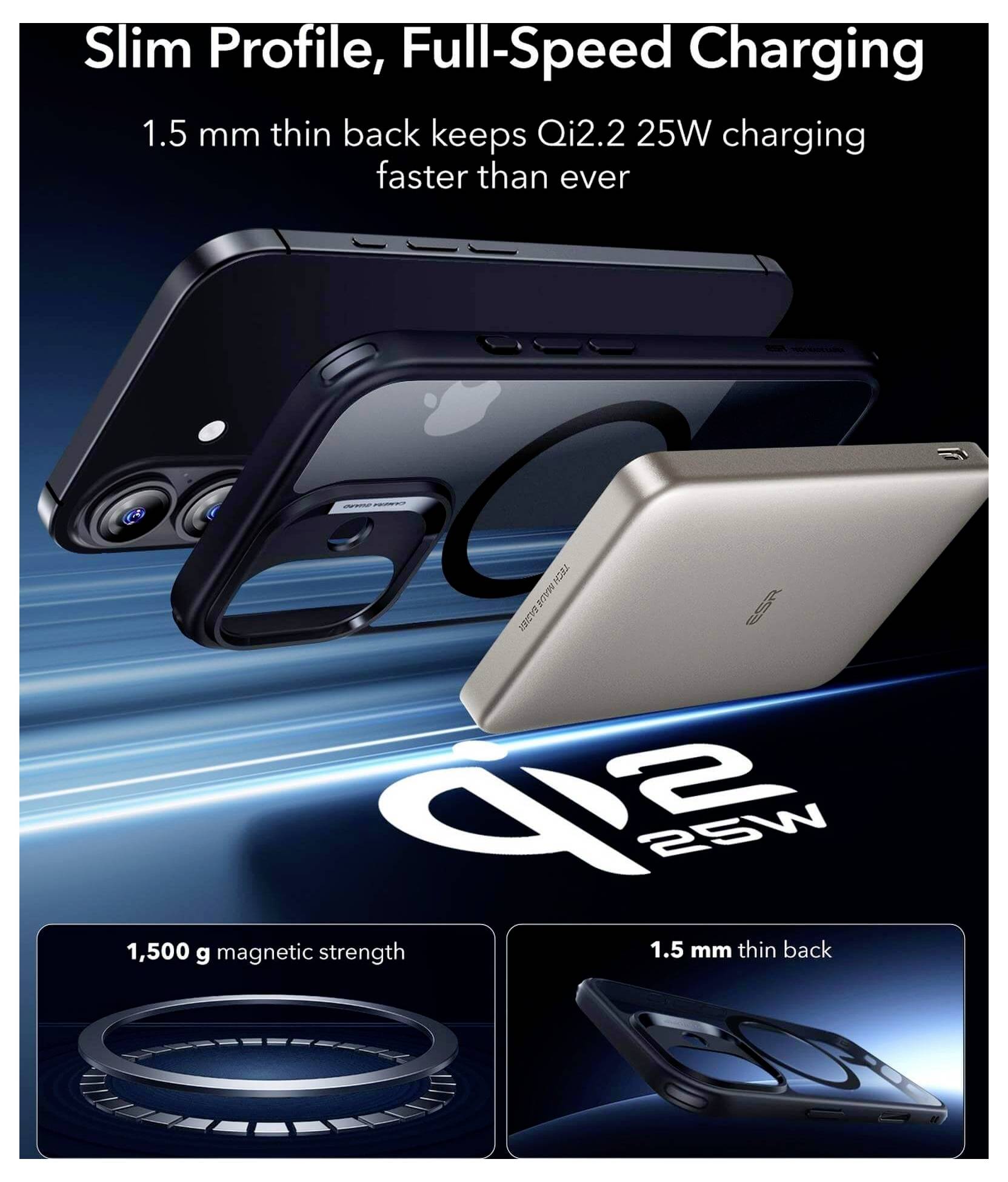 Qi2.2 25-W-Ladegerät mit einem dünnen 1,5 mm Rücken und 1.500 g magnetischer Stärke, das ein schlankes Profil und schnelle Ladekapazitäten präsentiert.