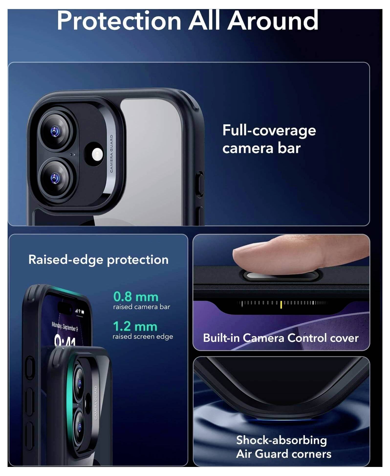 Handyhülle 'Rundumschutz' mit vollflächiger Kamera-Abdeckung, Schutzrand, integrierter Kameradeckung und stoßdämpfenden Ecken.