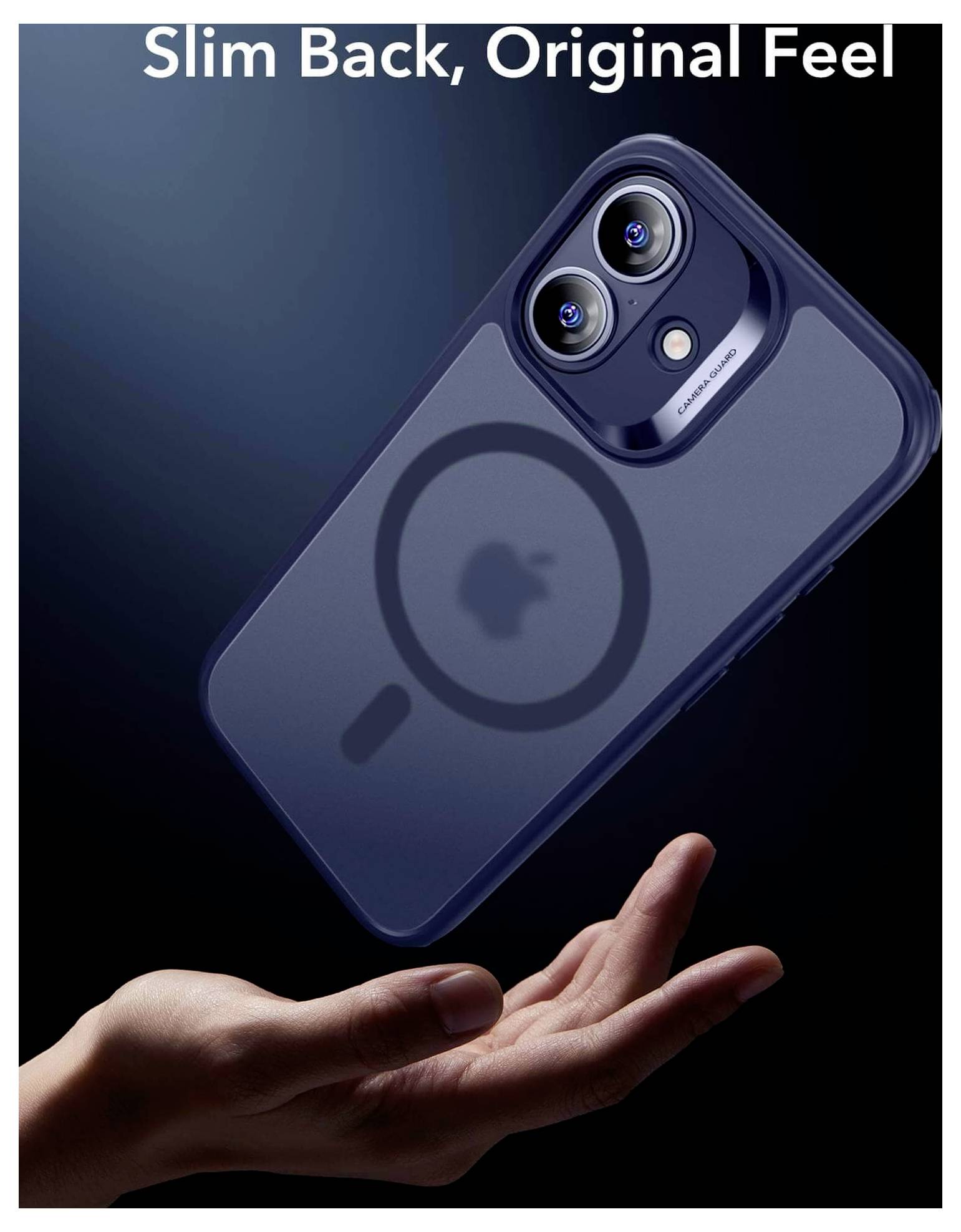 Eine Hand fängt ein schwebendes blaues Smartphone mit Dual-Kameras, das ein schlankes Design präsentiert. Text lautet: Schlanke Rückseite, Originalempfinden.