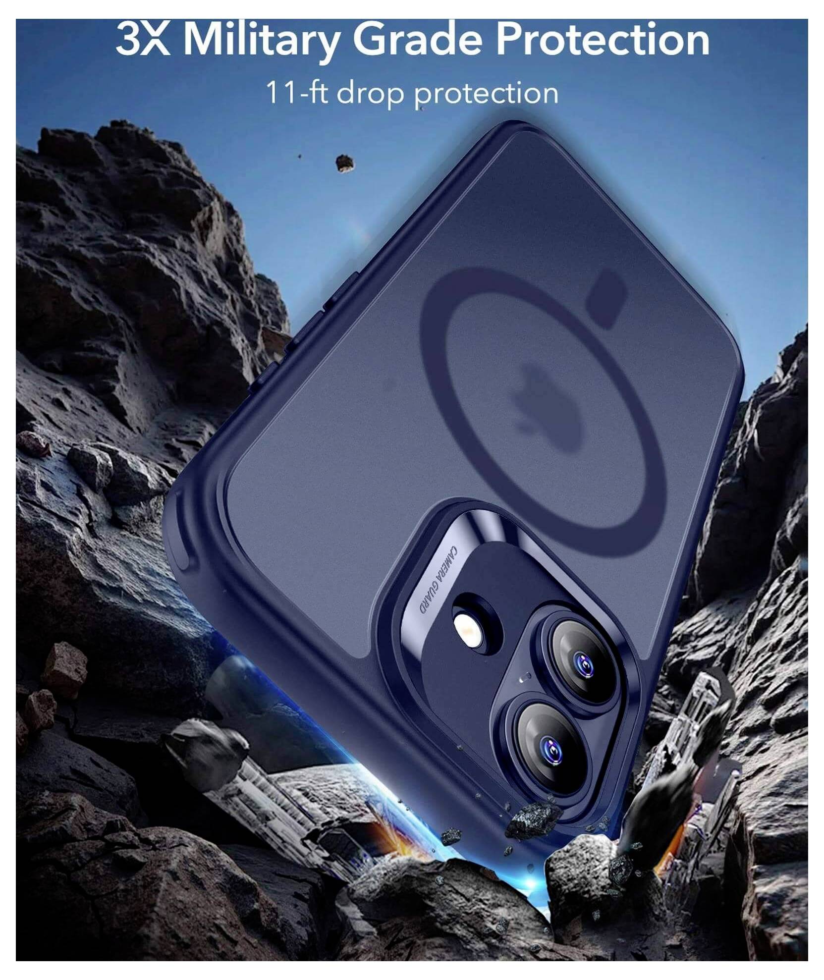 Handyhülle mit zwei Kamera-Ausschnitten, mit '3X Militärische Schutzklasse' und '11-Fuß Sturzschutz' beschriftet, vor einem felsigen Hintergrund.