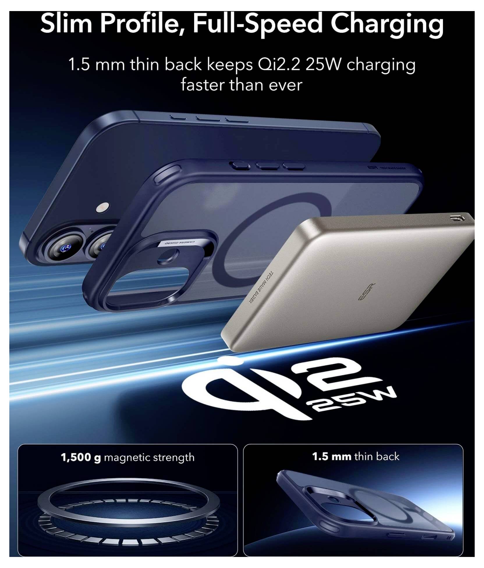 Schlankes Profil, Schnellladung ohne Grenzen. 1,5 mm dünker Rücken ermöglicht Qi2.2 25W Laden schneller als je zuvor. 1.500 g magnetische Kraft.