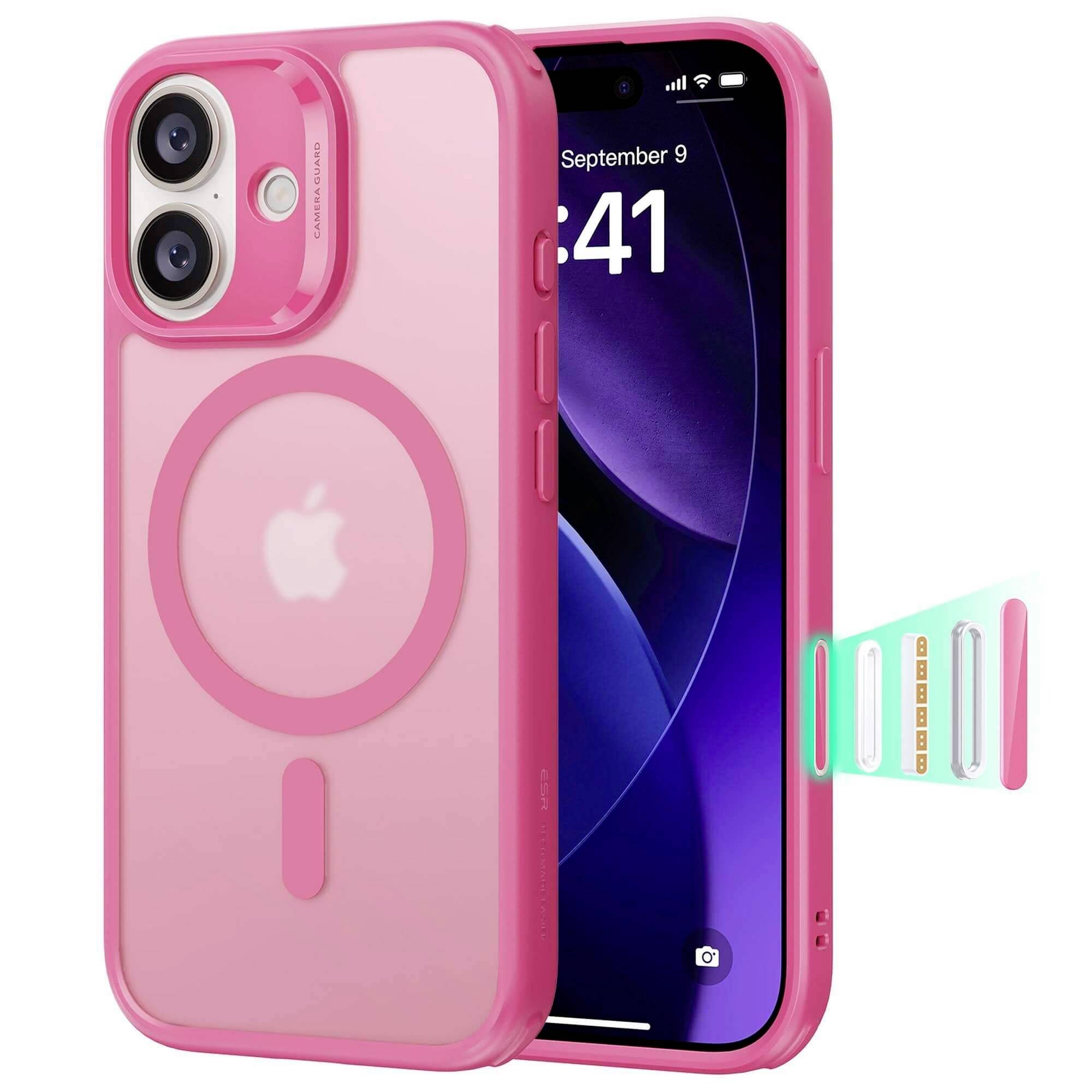 Eine rosa Handyhülle mit einem MagSafe-Ring wird auf der Rückseite eines Smartphones gezeigt, die zwei Kameraausschnitte aufweist.