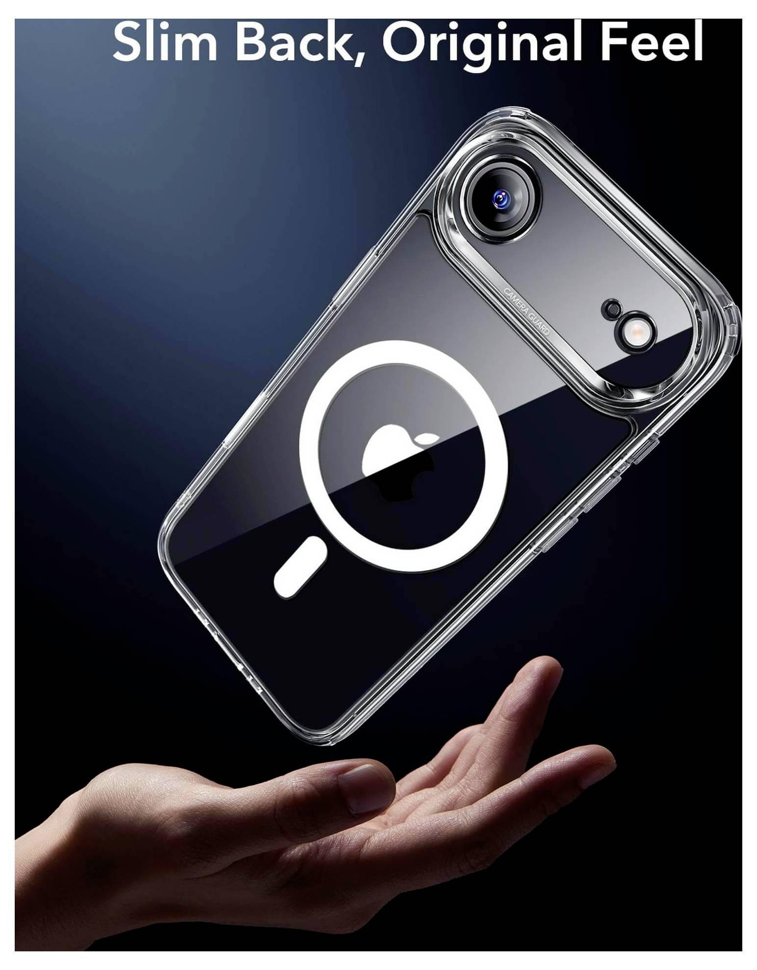 Eine Person hält ein Smartphone mit einer transparenten Hülle, auf der ein Lupensymbol zu sehen ist. Text darüber liest sich: „Schlanker Rücken, ursprüngliches Gefühl