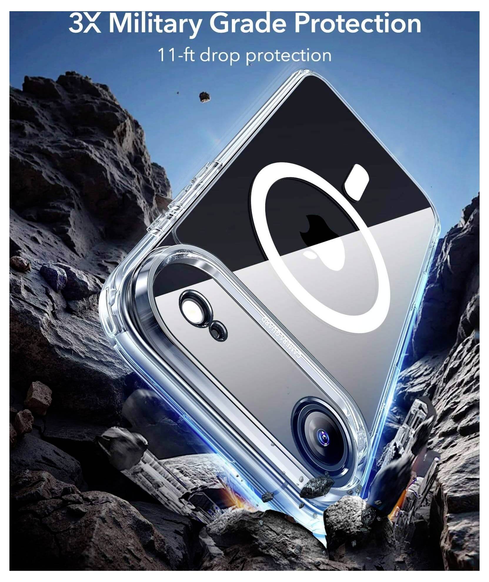 Handyhülle mit 3-fach militärischer Schutzklasse, Fallschutz bis zu 3,4 Meter, präsentiert vor felsigem Hintergrund.
