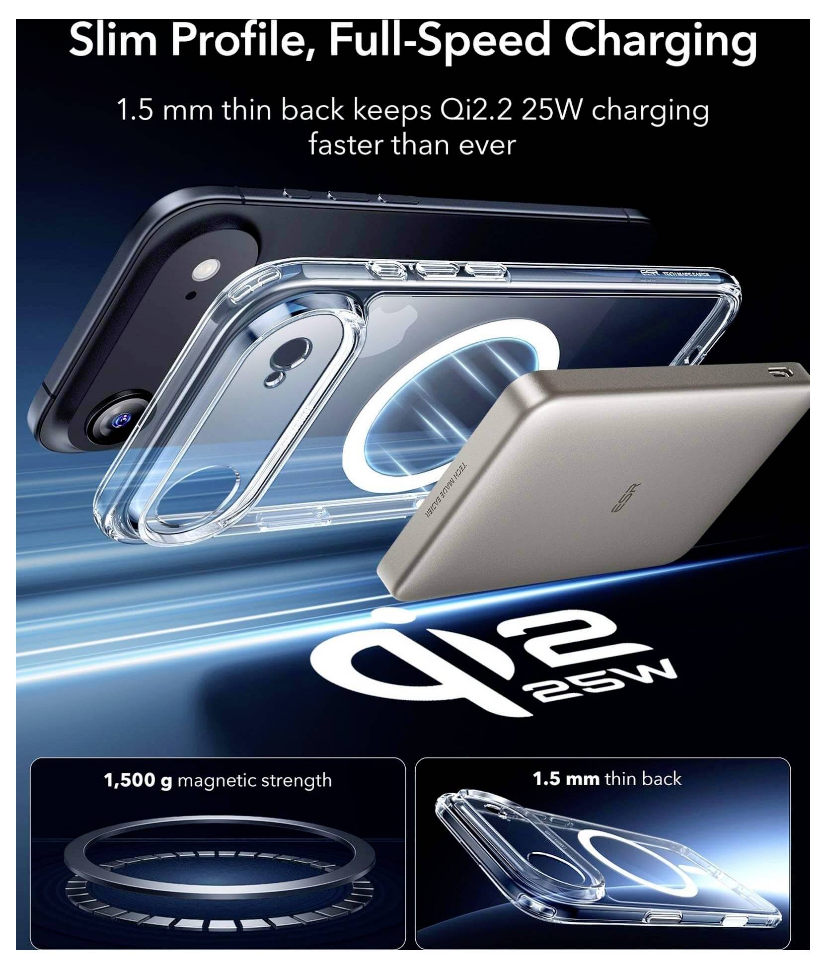 Qi2.2 25W-Gehäuse mit 1,5 mm dünnem Rücken und 1.500 g magnetischer Kraft ermöglicht schnelles Laden und ein schlankes Profil für Smartphones.