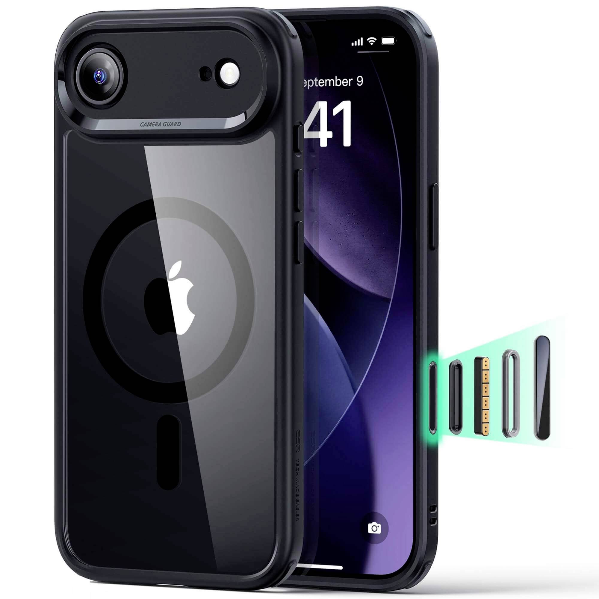 Ein schwarzes Smartphone mit einer Schutzhülle und teilweise ausgeworfenem SIM-Karten-Slot, auf dessen Rückseite das Apple-Logo zu sehen ist.