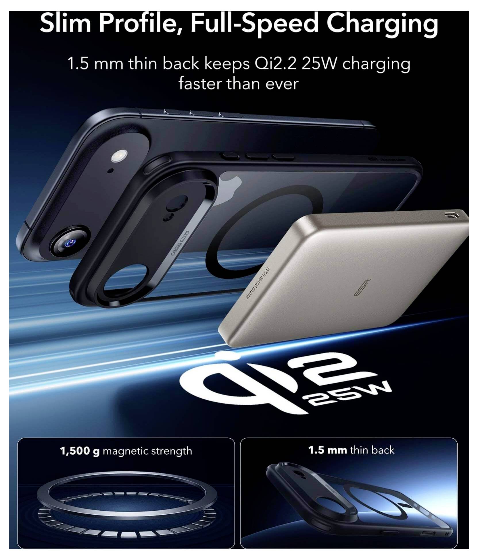 Qi2.2 25W-Ladegerät mit einem 1,5 mm dünnen Rücken für schnelleres Laden. Bild zeigt ein schlankes Ladegerätprofil und starke magnetische Kraft.