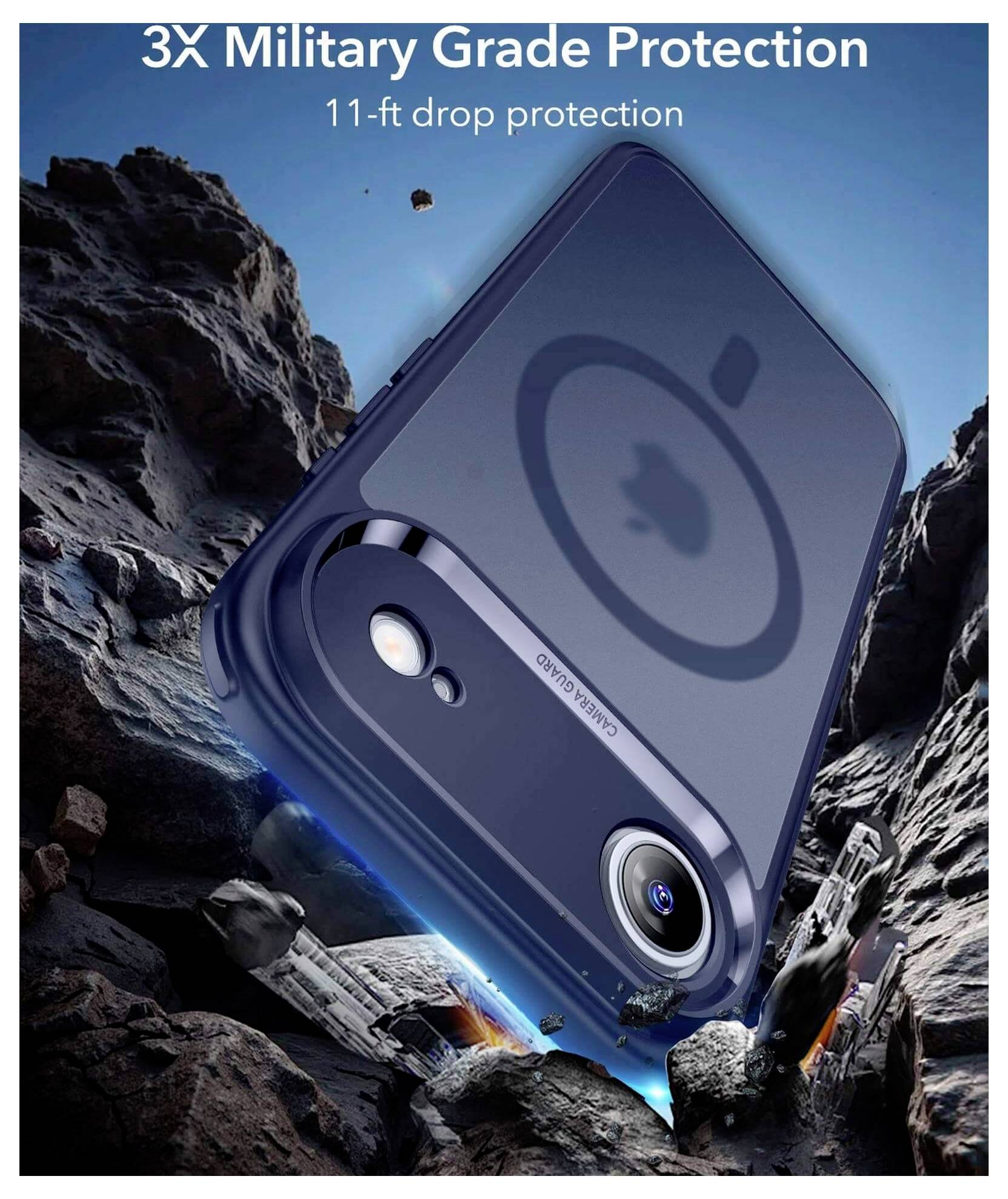 Ein Smartphone-Gehäuse, das einen 3-fachen militärischen Schutz mit einer Fallresistenz von 3,4 Metern zeigt, vor einem rauen Felshintergrund.