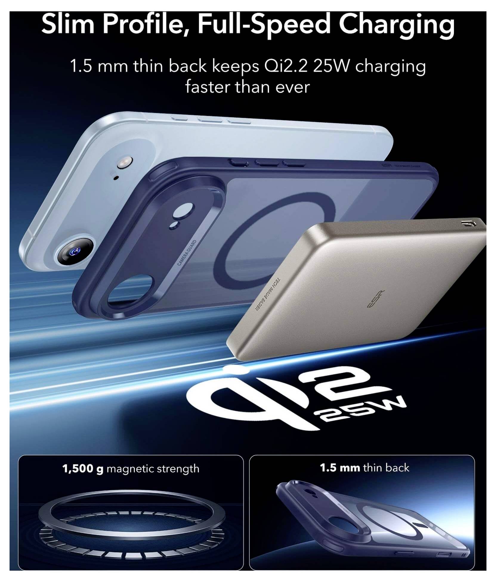 Schlankes Design, Schnellladefunktion - Zwei Smartphones und ein magnetischer Ring werden gezeigt. Text hebt 'Qi 2.2, 25W' hervor, mit Merkmalen des schlanken, magnetischen Ladens.