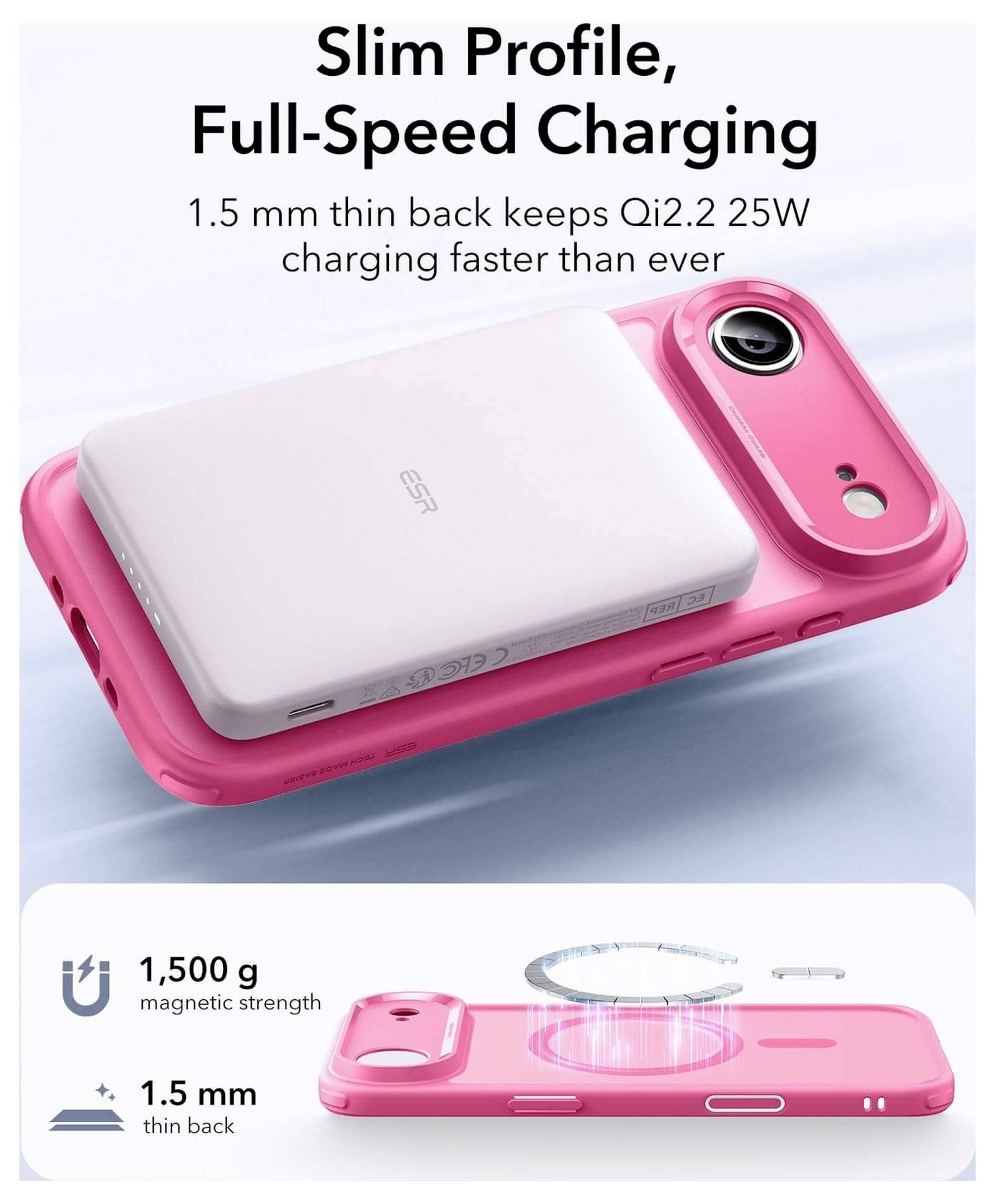 Tragbares Ladegerät: Schlankes Design in Rosa, 1,5 mm dünn, Qi2.2 25W Schnellladung. Wiegt 1.500 g. Zeigt magnetische Ausrichtung auf dem Smartphone.