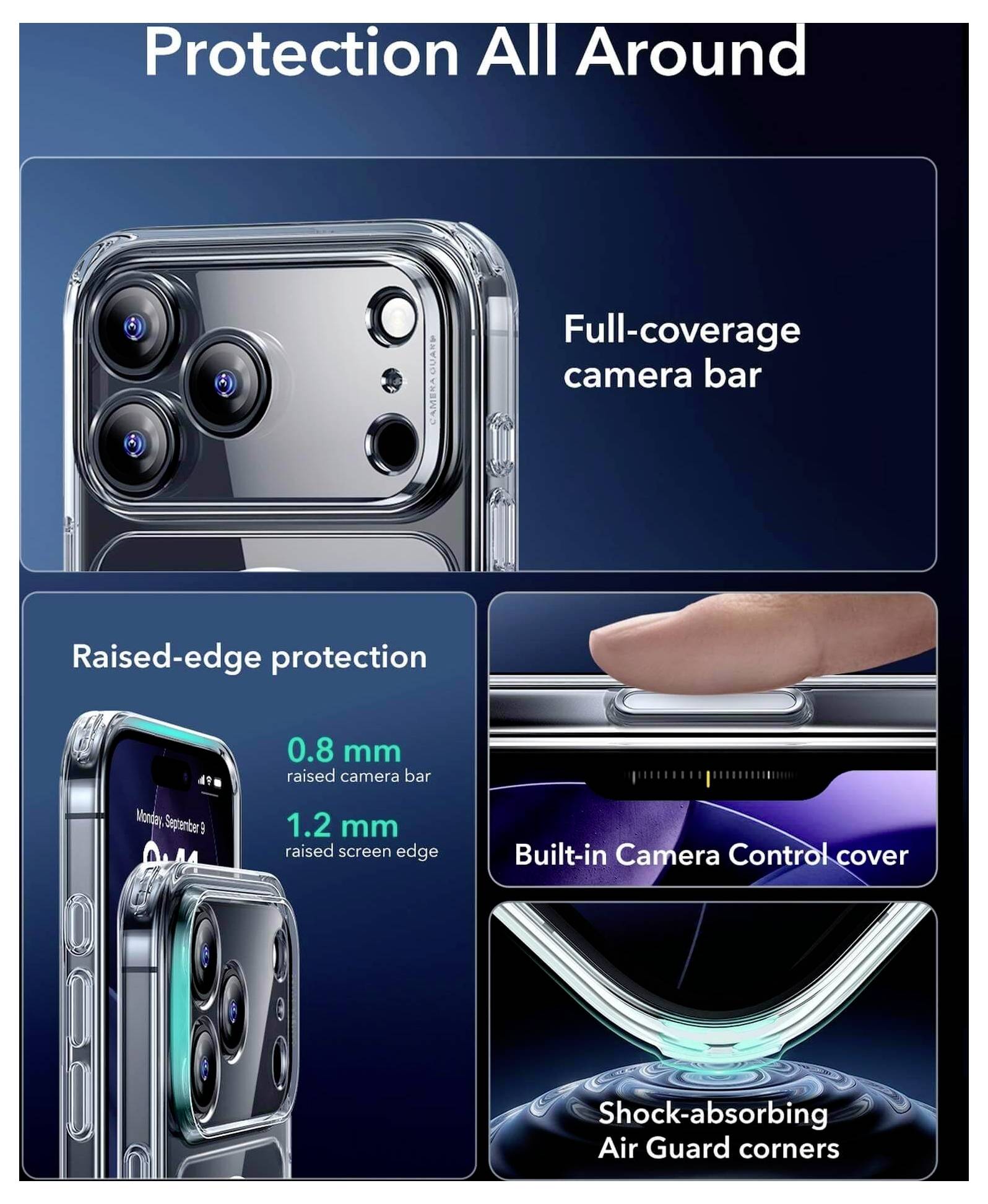 Schutzhülle 'Rundum-Schutz' für Smartphone mit vollflächiger Kameraabdeckung, verstärkten Kantenschutz, integrierter Kameradeckung und stoßdämpfenden Luftkissen-Ecken.