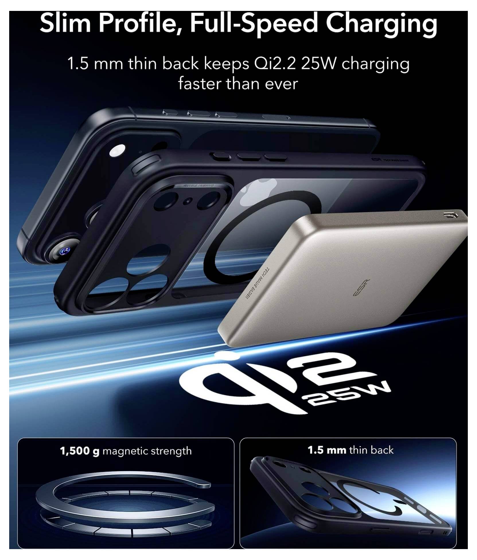 Handyhüllen mit Qi2 25W Ladefunktion, 1,5 mm dünnes Design. Mit Hervorhebung der magnetischen Stärke und schnellen Ladekapazität.