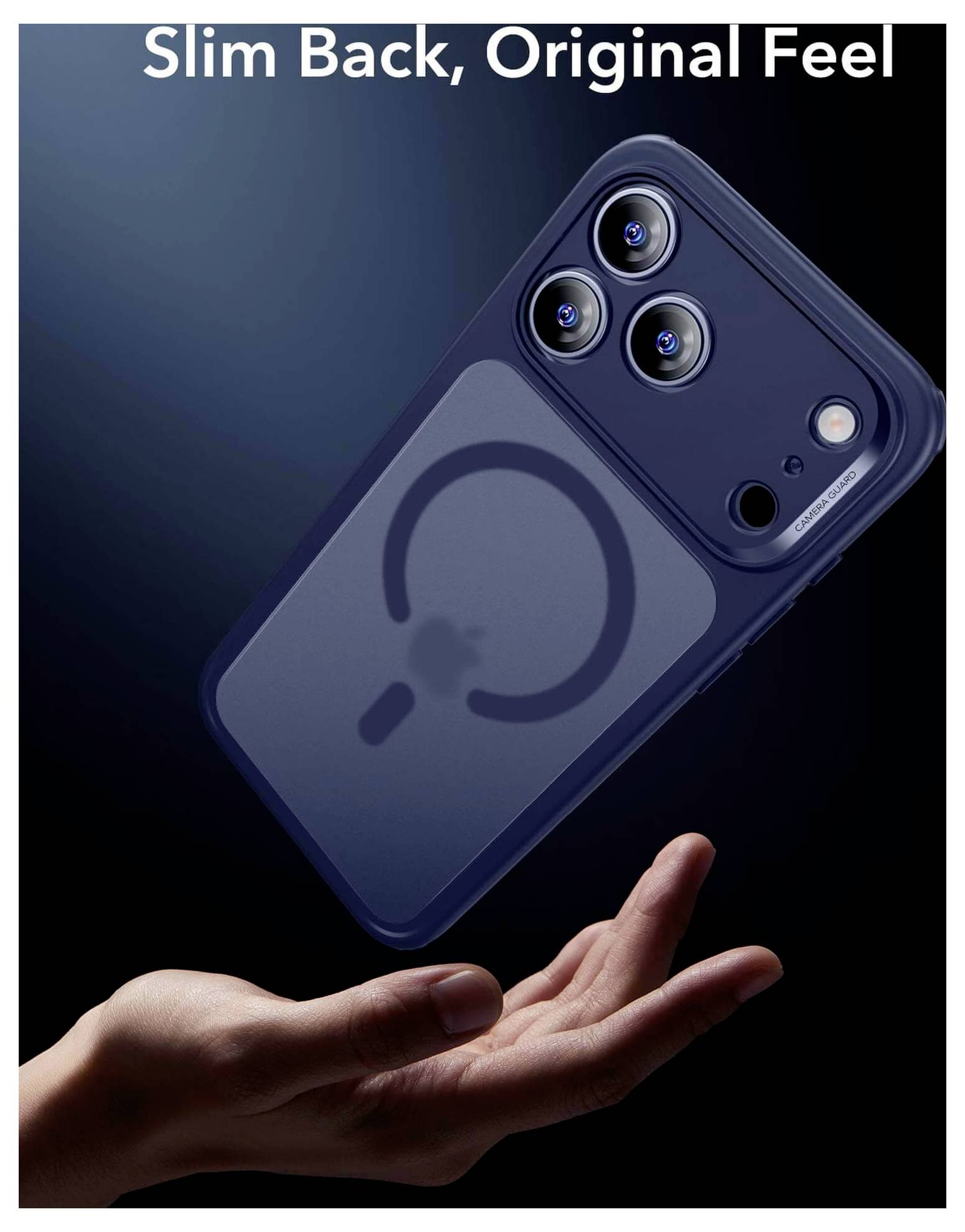 Eine Hand wirft ein schlankes Smartphone mit einer dunklen Hülle, die ein kreisförmiges Design und eine dreifache Kamera aufweist, unter dem Text: Schlanker Rücken, ursprüngliches Gefühl.