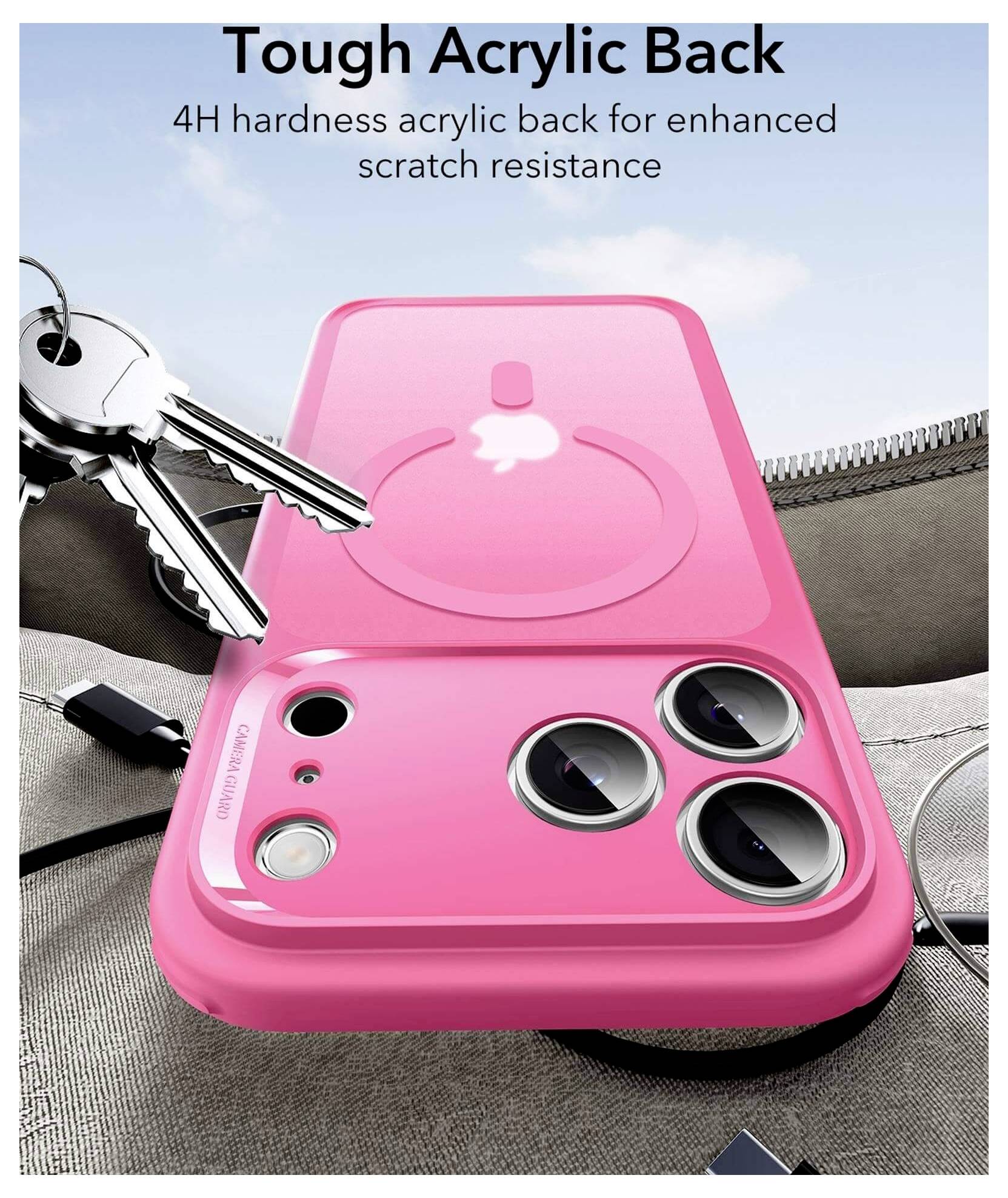 Rosa Handyhülle mit einem Acrylrücken in 4H Härte, zusammen mit Schlüsseln präsentiert, was die verbesserte Kratzfestigkeit hervorhebt.