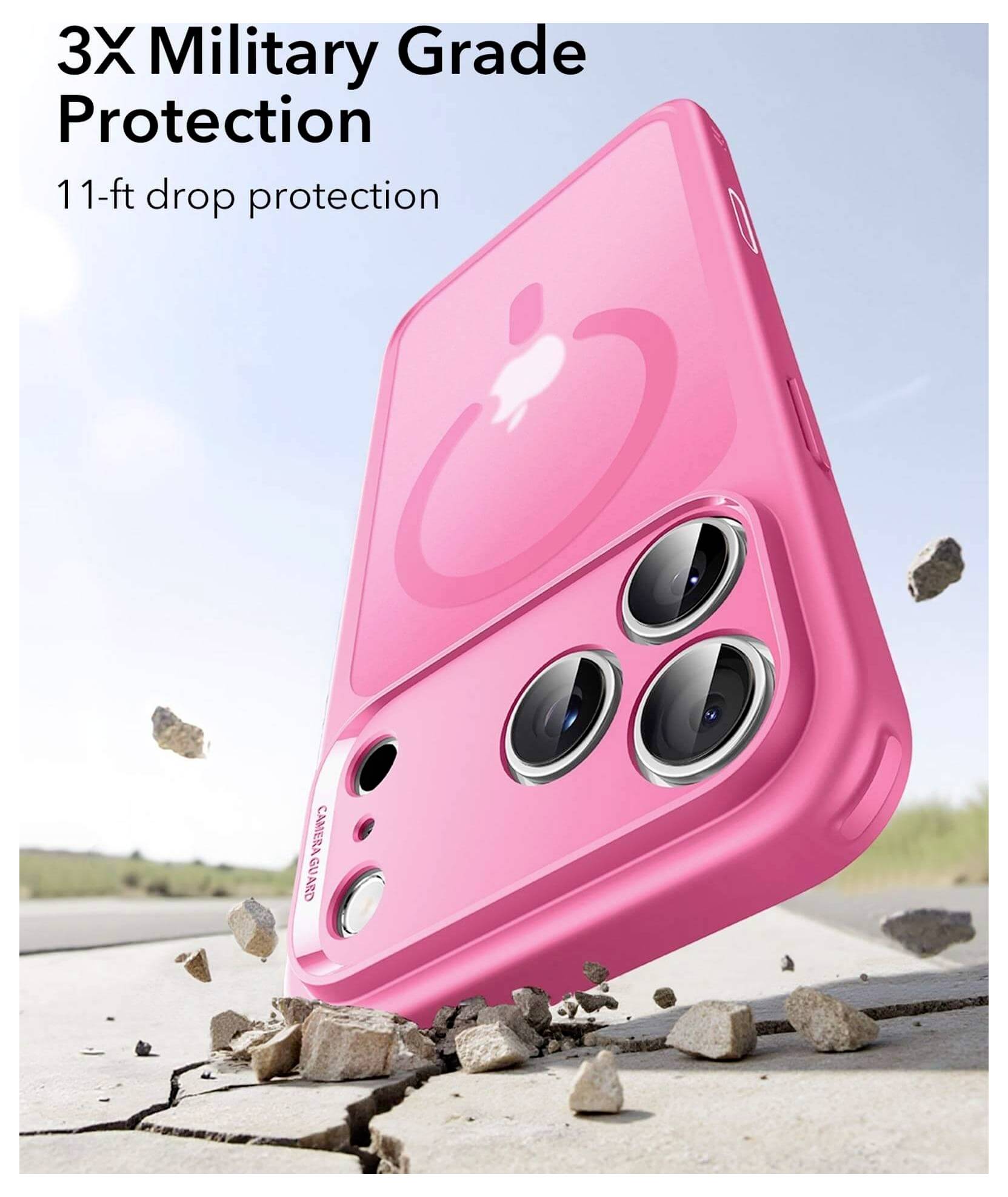 Ein pinker Handyhülle mit doppelten Kameraausschnitten wird gezeigt, mit dem Text 