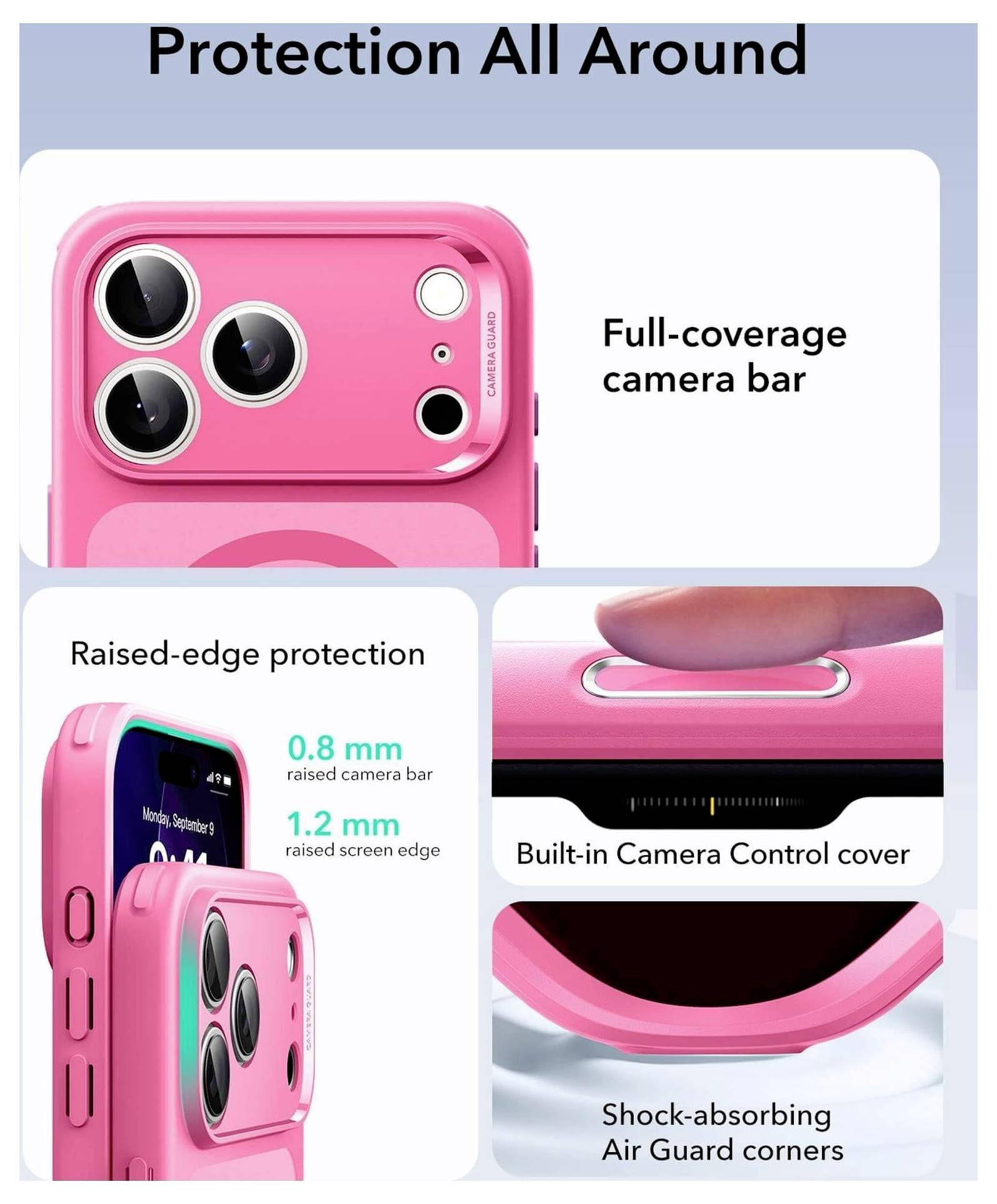 „Bild, das eine pinke Handyhülle mit umfassendem Kameragehäuseschutz, erhöhtem Displayrand, integrierter Kameradeckung und stoßdämpfenden Ecken zeigt.