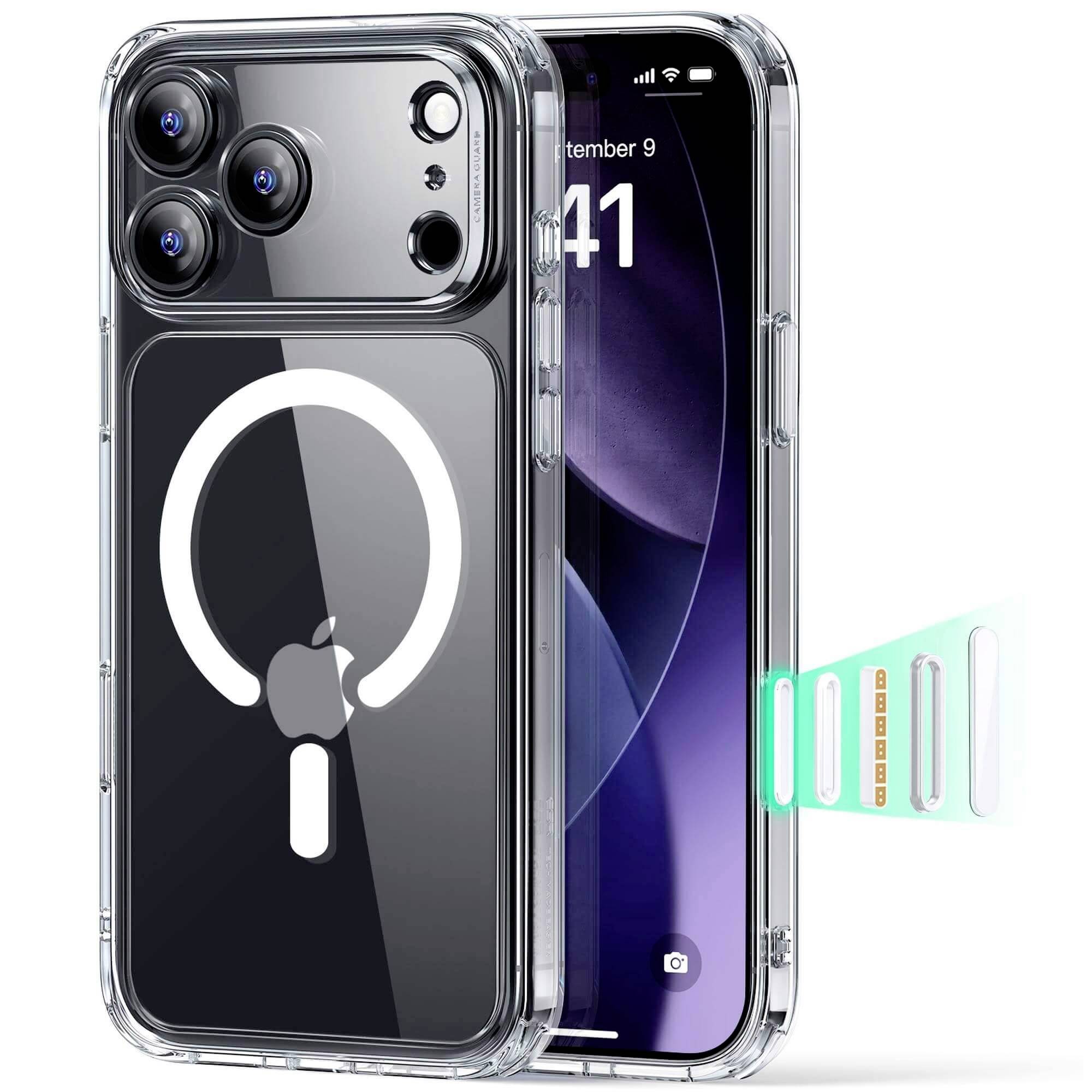 Transparente Handyhülle mit einem großen Ringdesign und Apple-Logo auf der Rückseite. Ein seitlicher Streifen zeigt eine magnetische Ausrichtung, die MagSafe-Kompatibilität anzeigt.