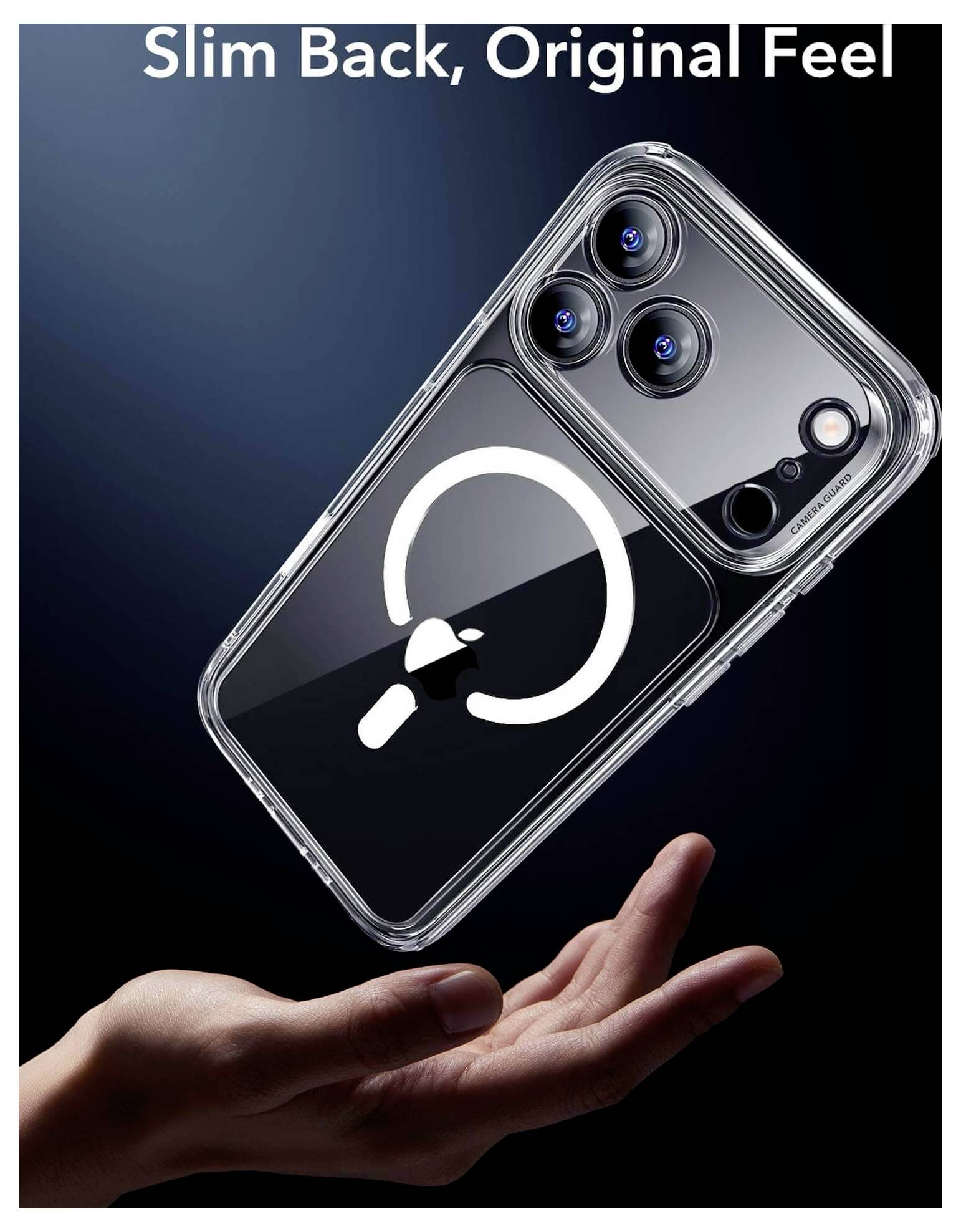 Eine transparente Smartphone-Hülle mit sichtbarem MagSafe-Symbol schwebt über einer Hand und betont den Slogan „Schlanker Rücken, ursprüngliches Gefühl.