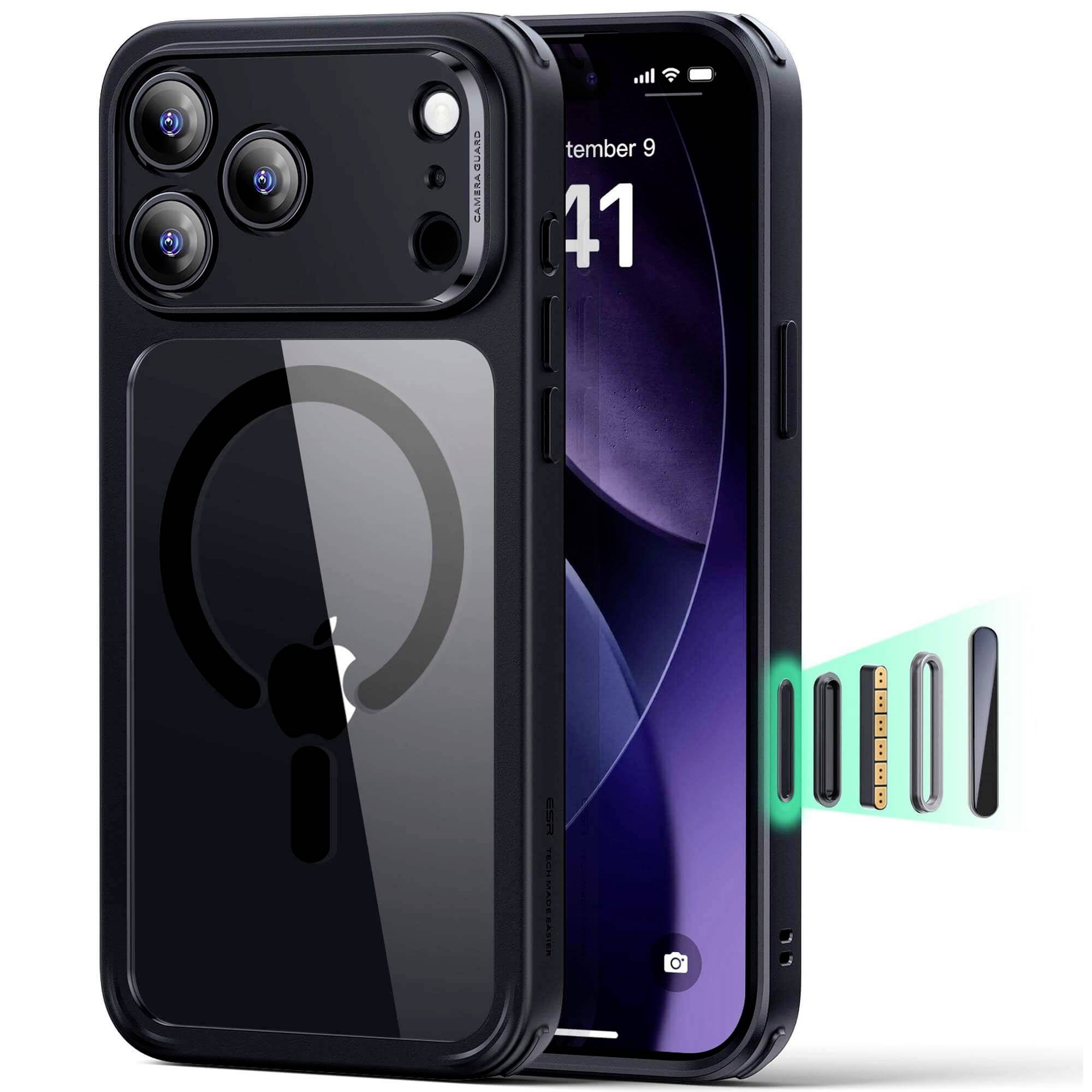 Magnetische Hülle für iPhone mit drei Objektivöffnungen auf der Rückseite, schwarze Farbe, und einem Kartenhalter, der teilweise herausgezogen ist.