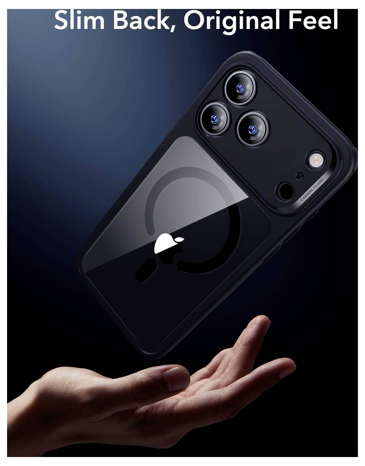 Eine Hand hält ein schwarzes Telefon mit drei Kameraobjektiven und demonstriert dessen schlankes Design. Der Text lautet: 