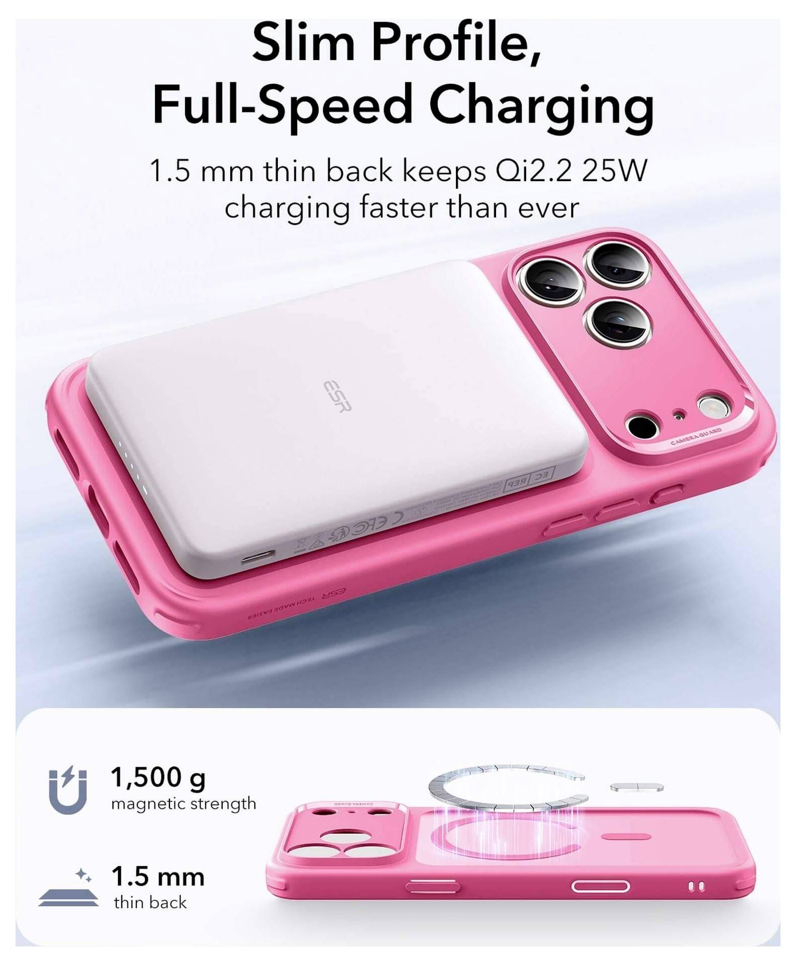 Schlankes Profil, Schnellladung' über einem rosa Telefon mit einem weißen Ladegerät angeschlossen. Hebt die 1,5 mm Dünnheit und die starke magnetische Verbindung hervor.