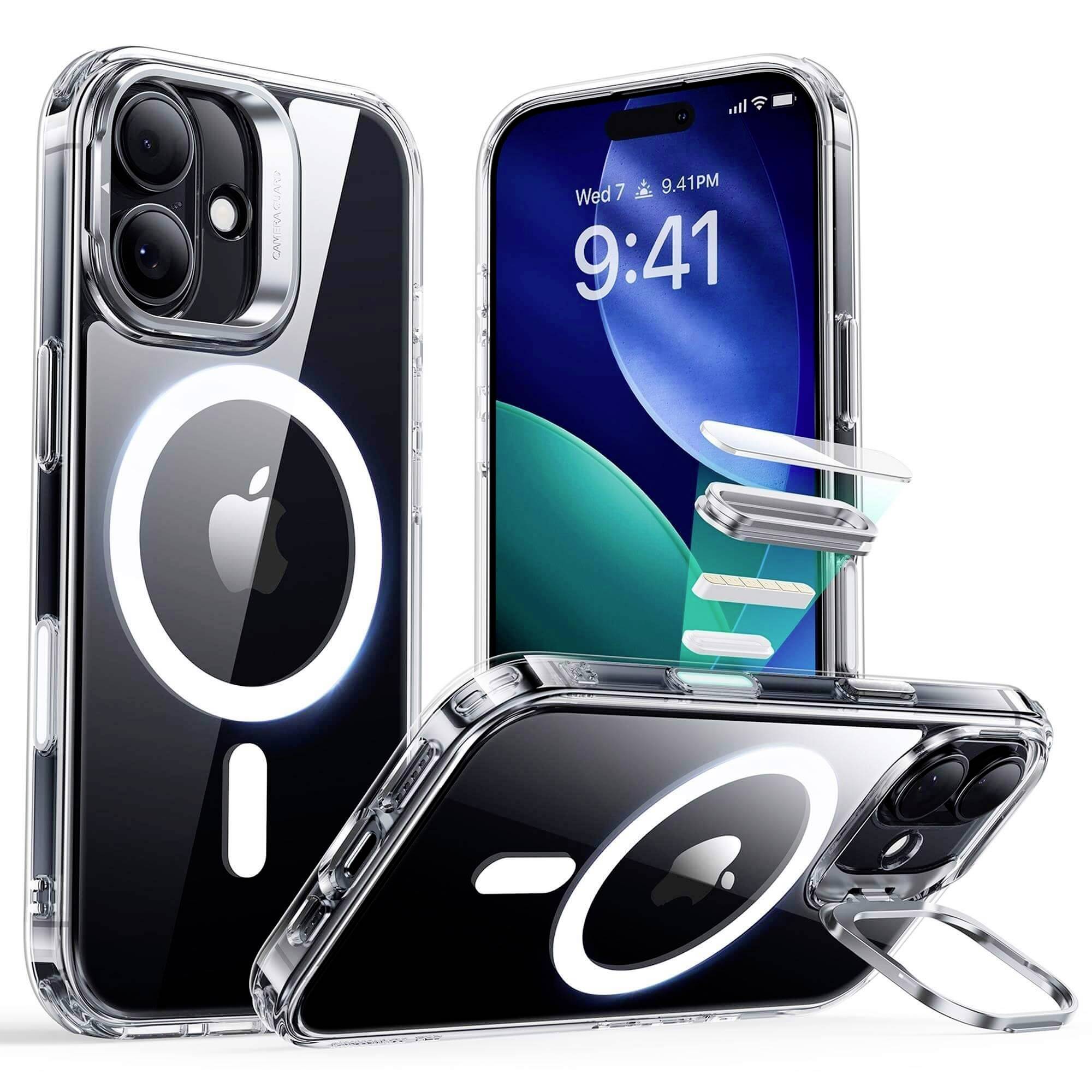 Durchsichtige Handyhülle mit magnetischem Ring, geeignet für iPhone. Hülle aus verschiedenen Blickwinkeln gezeigt, wobei Transparenz und schlankes Design hervorgehoben werden.