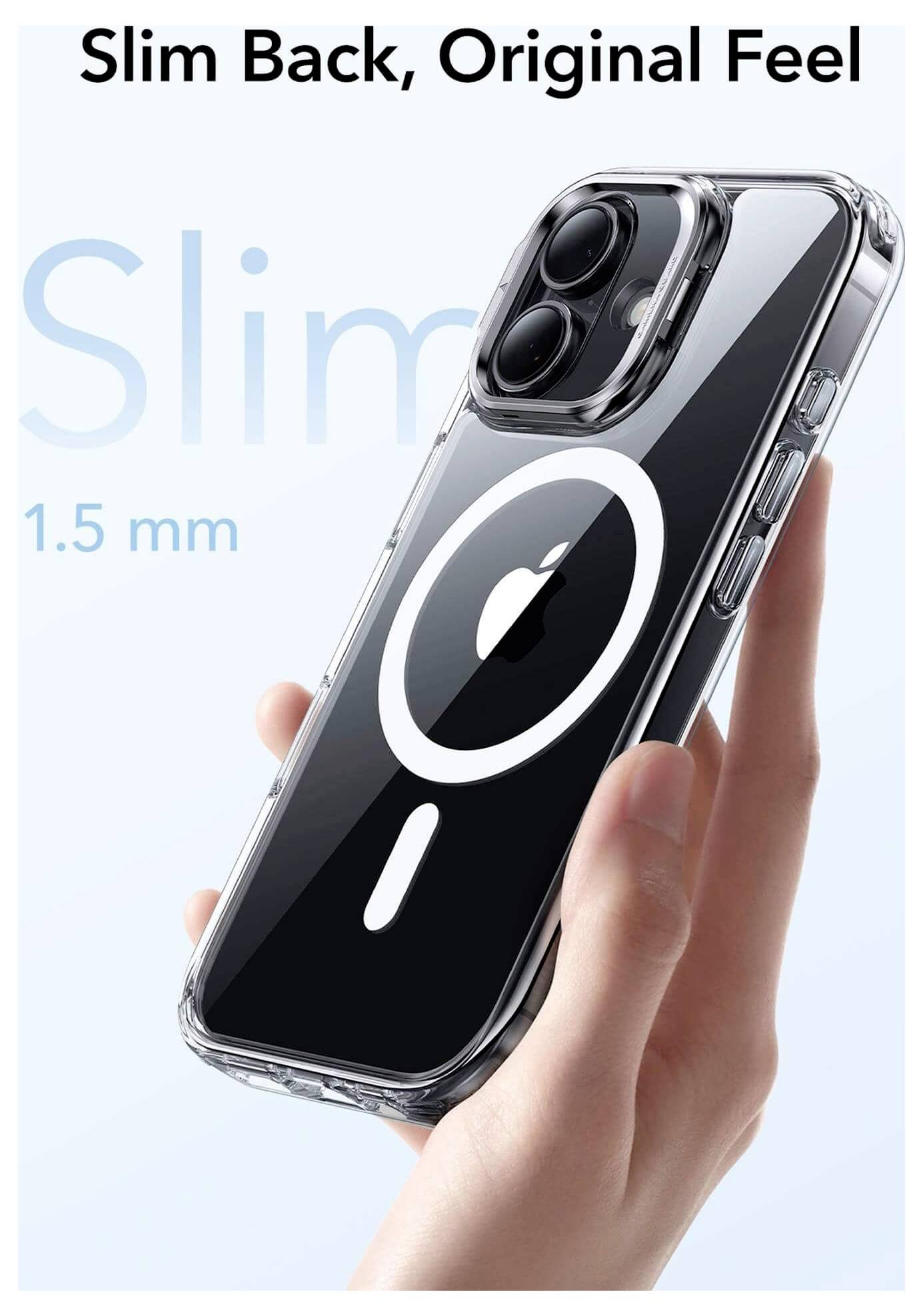 Handyhülle mit schlankem Design in der Hand gehalten, mit einer kreisförmigen Gestaltung auf der Rückseite. Text lautet: Schlanke Rückseite, Originalgefühl, 1,5 mm.