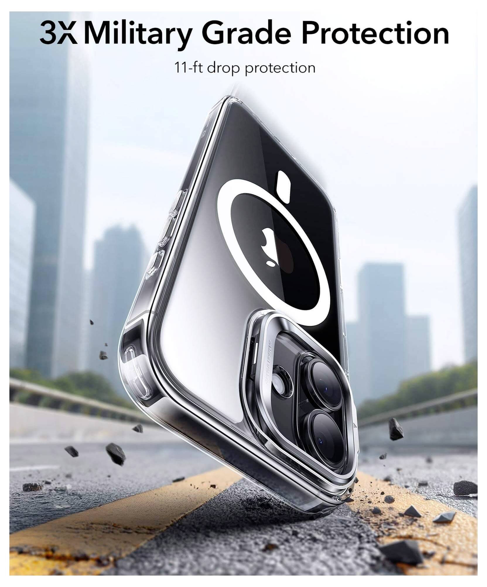 '3-facher militärischer Schutzstandard' Handyhülle, die auf einem Telefon gezeigt wird und Strapazierfähigkeit veranschaulicht. '11-Fuß Fallschutz' Text; urbaner Hintergrund.