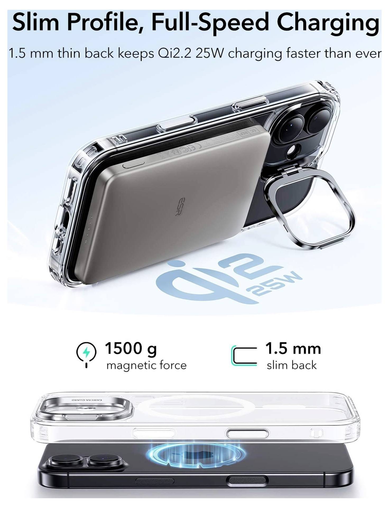 Schmales Profil, Schnellladung mit maximaler Geschwindigkeit mit einem 1,5 mm dünnen Rücken für Qi2.2 25W. Unten: Diagramm, das 1500 g magnetische Kraft und 1,5 mm schlanken Rücken zeigt.