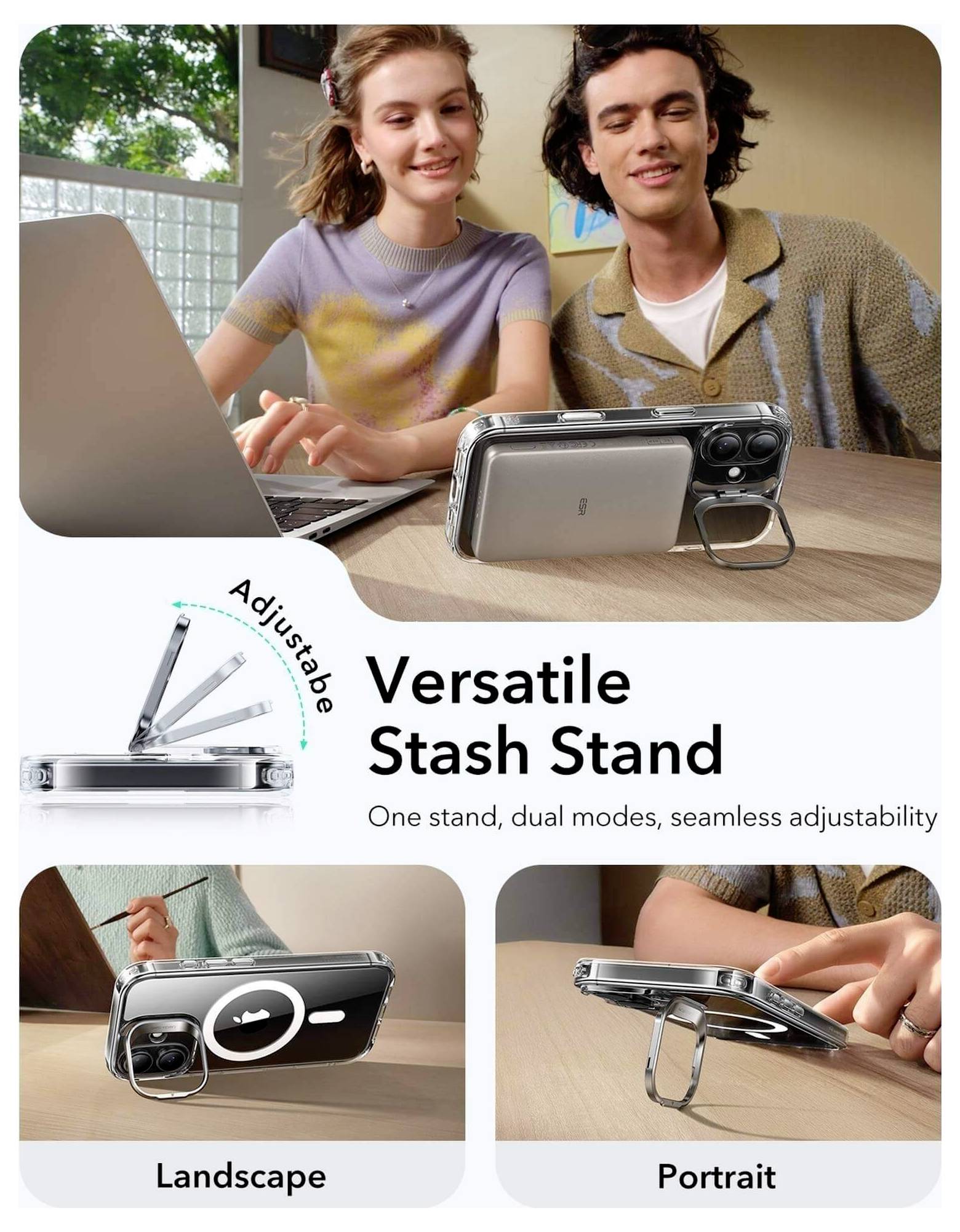 Vielseitiger Stash Stand' Werbung zeigt zwei Personen, die einen Telefonständer im Hoch- und Querformat nutzen und dabei seine verstellbare Funktion hervorheben.