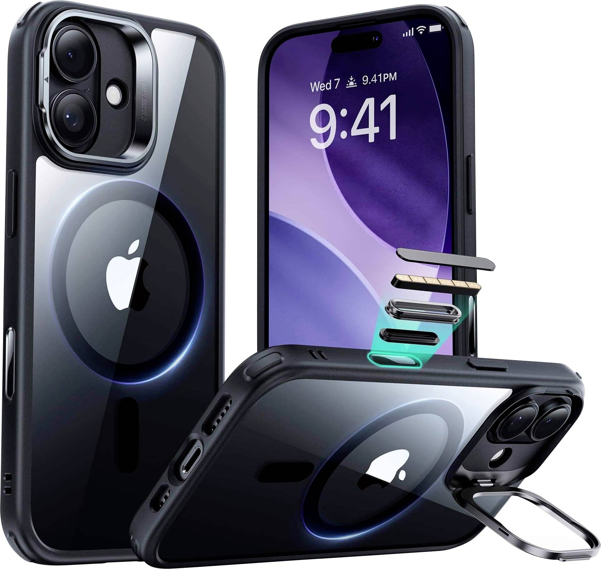 iPhone mit einer schlanken, transparenten Hülle, die das Apple-Logo und die kreisförmige MagSafe-Funktion zeigt. Ein Ringhalter und magnetische Befestigungen sind sichtbar.