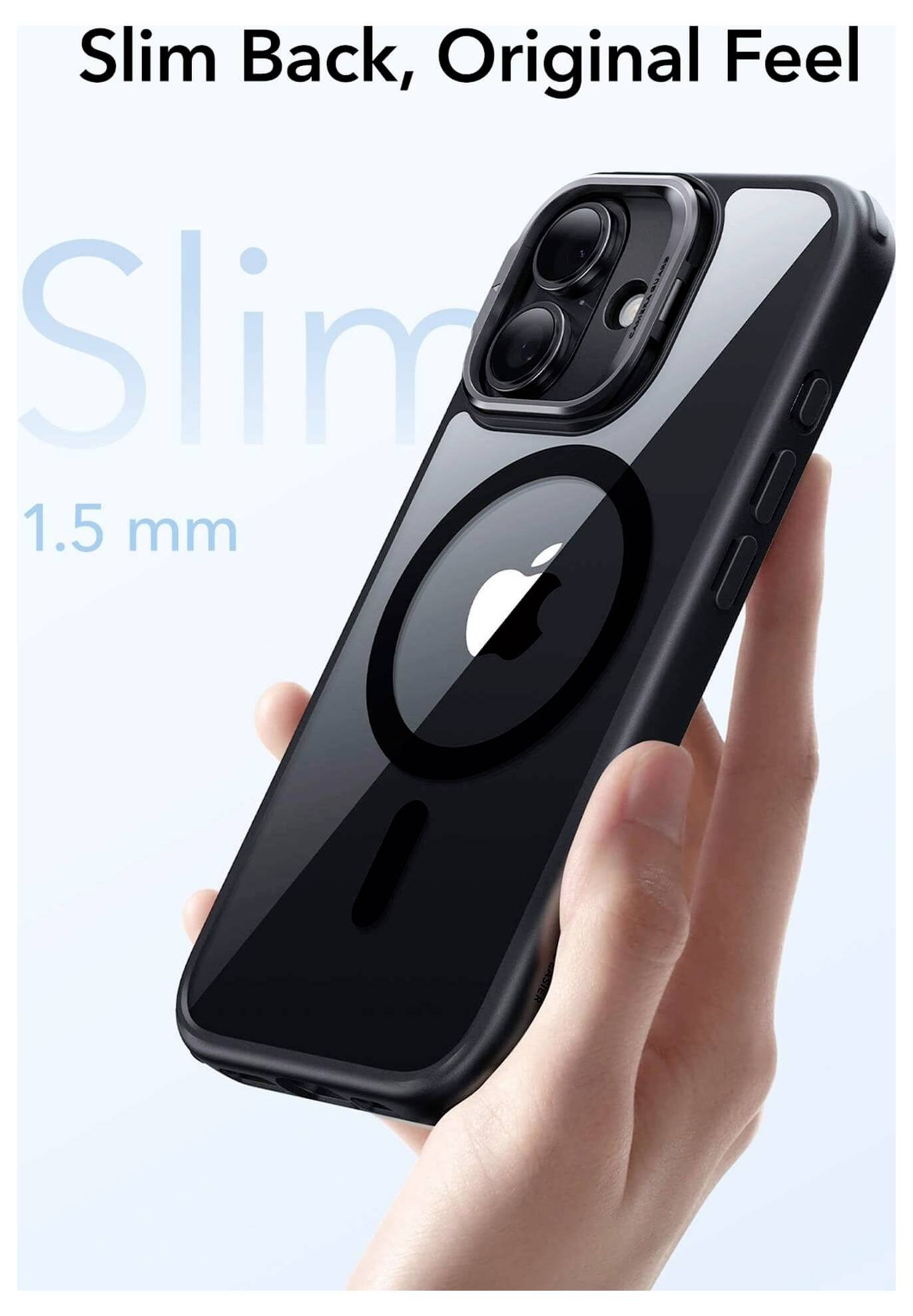 Eine Hand hält ein Smartphone mit einer schwarzen Hülle, auf der ein sichtbares Apple-Logo und eine Kameradesign zu sehen sind. Text oben liest sich: „Schlankes Design, ursprüngliches Gefühl