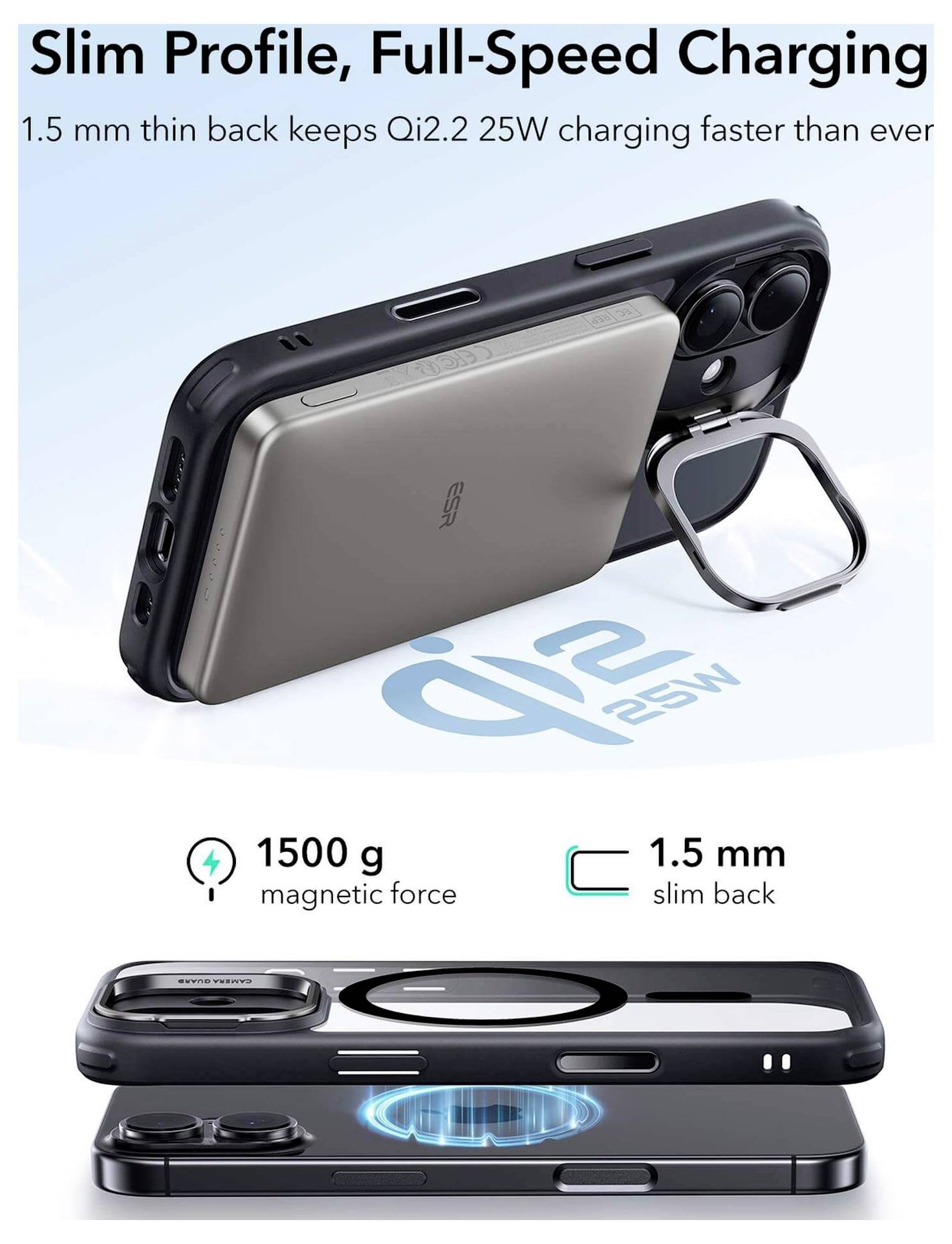Schlankes Profil, Vollladegeschwindigkeit - Handyhülle mit 1,5 mm Dicke und Qi 2.2 25W Schnellladefunktion. Magnetische Befestigung hält bis zu 1500g.