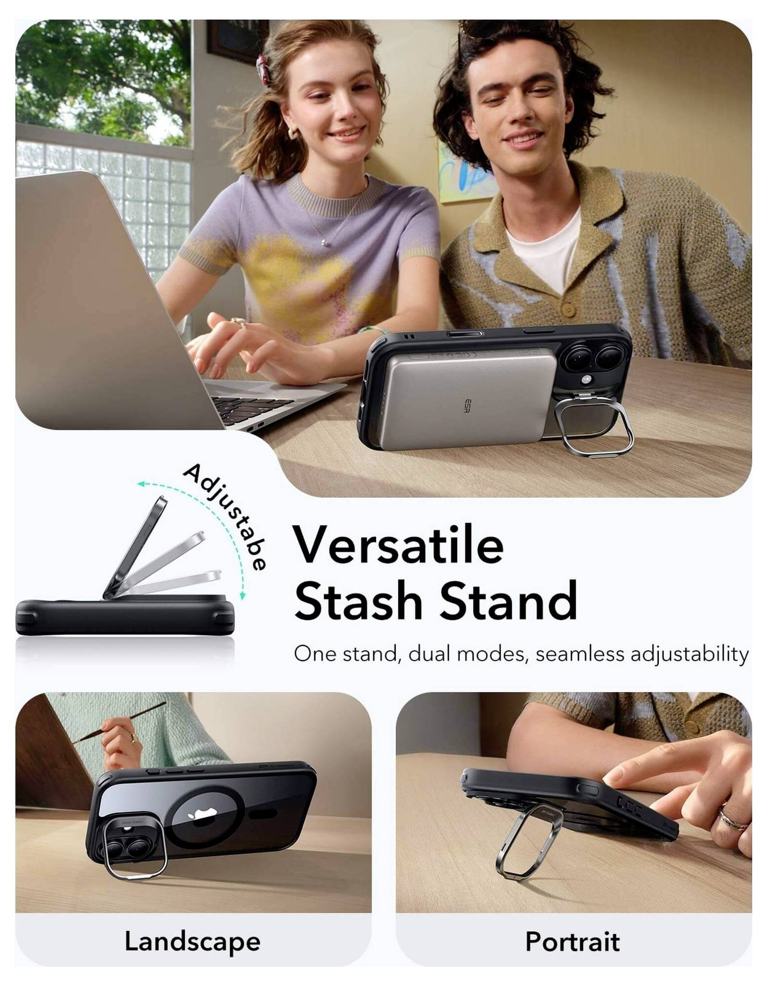 Ein junger Mann und eine junge Frau verwenden einen Smartphone-Ständer, der für Hoch- und Querformate einstellbar ist, mit der Aufschrift ‚Vielseitiger Stash-Ständer'.
