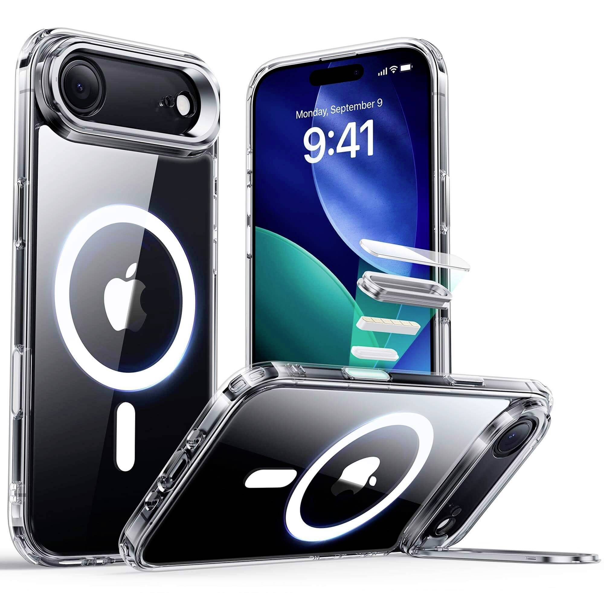 Eine transparente Handyhülle mit einem kreisförmigen, leuchtenden Design, die auf einem iPhone mit blau-grünem Hintergrund gezeigt wird.