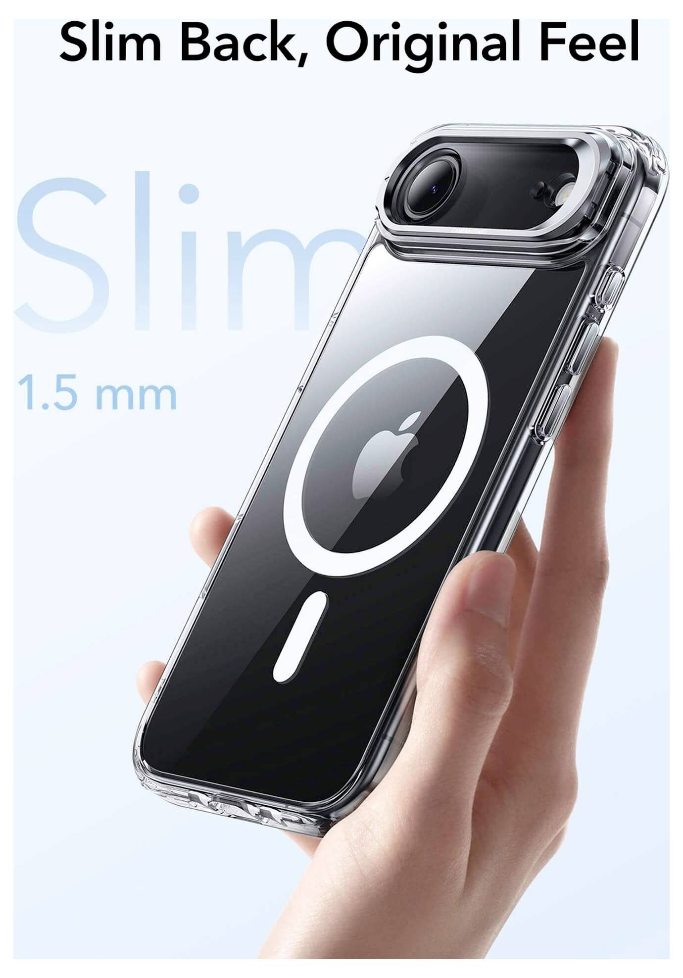 Eine Hand hält ein Smartphone mit einer dünnen, transparenten Hülle. Der Text lautet „Schlanker Rücken, originales Gefühl