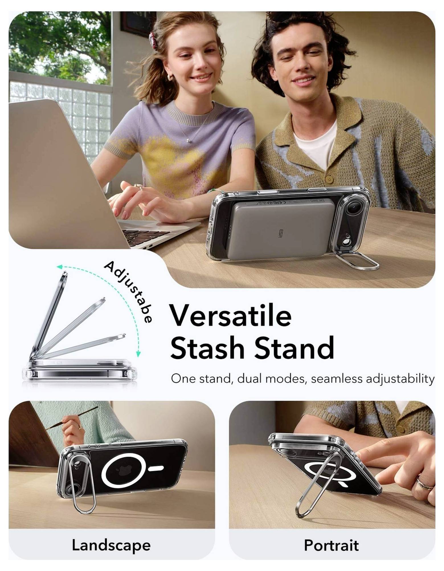 Vielseitiger Stash StandWerbeanzeige mit einem Telefonständer, der sowohl im Querformat als auch im Hochformat verwendet wird. Zwei lächelnde Personen arbeiten gemeinsam an einem Laptop.
